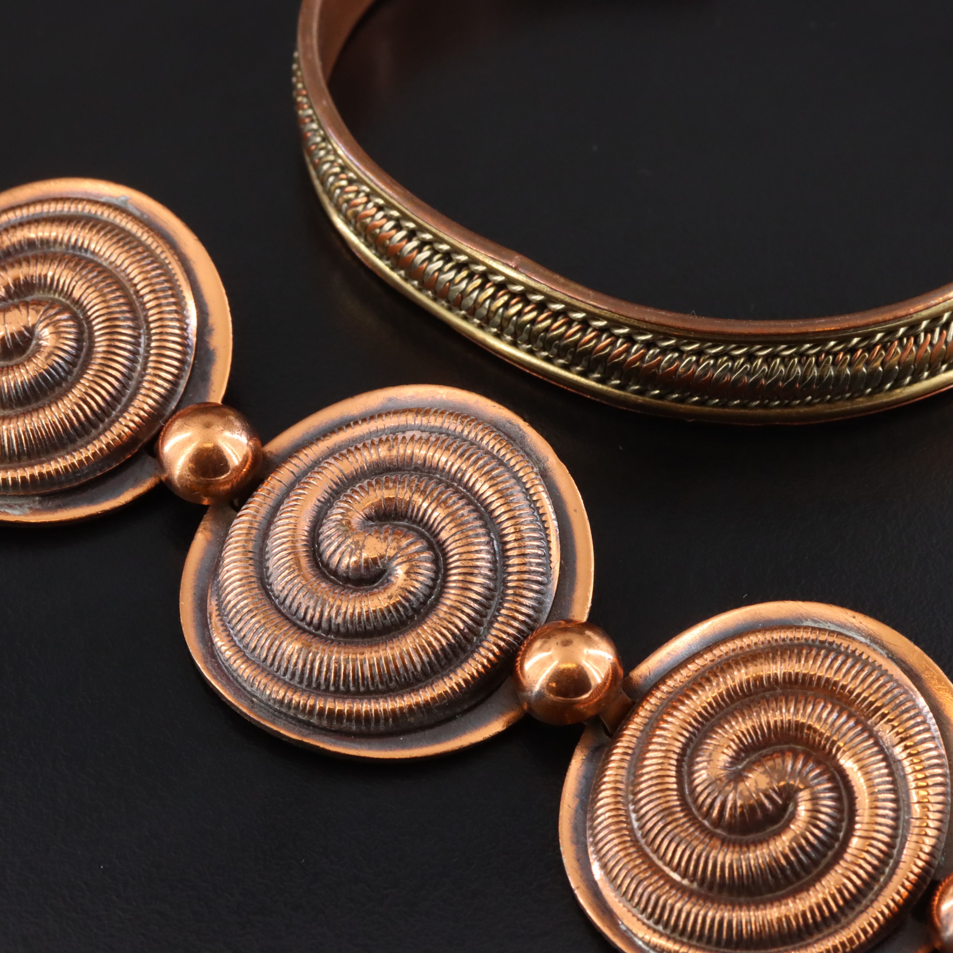 Modernist Copper and Brass Spiral and Wire Cuff Bracelets