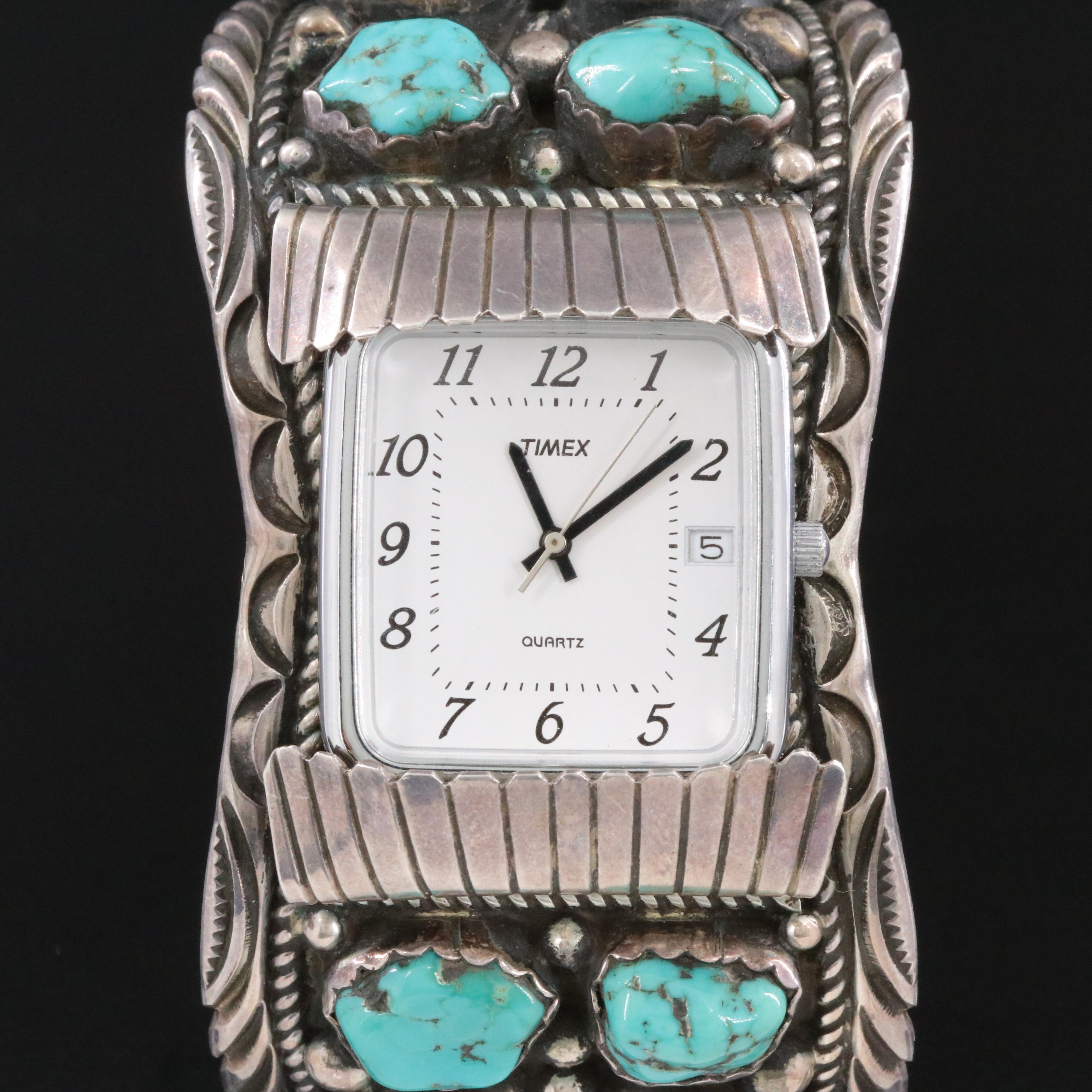 Timex Southwestern Style Sterling and Turquoise Cuff Bracelet Watch