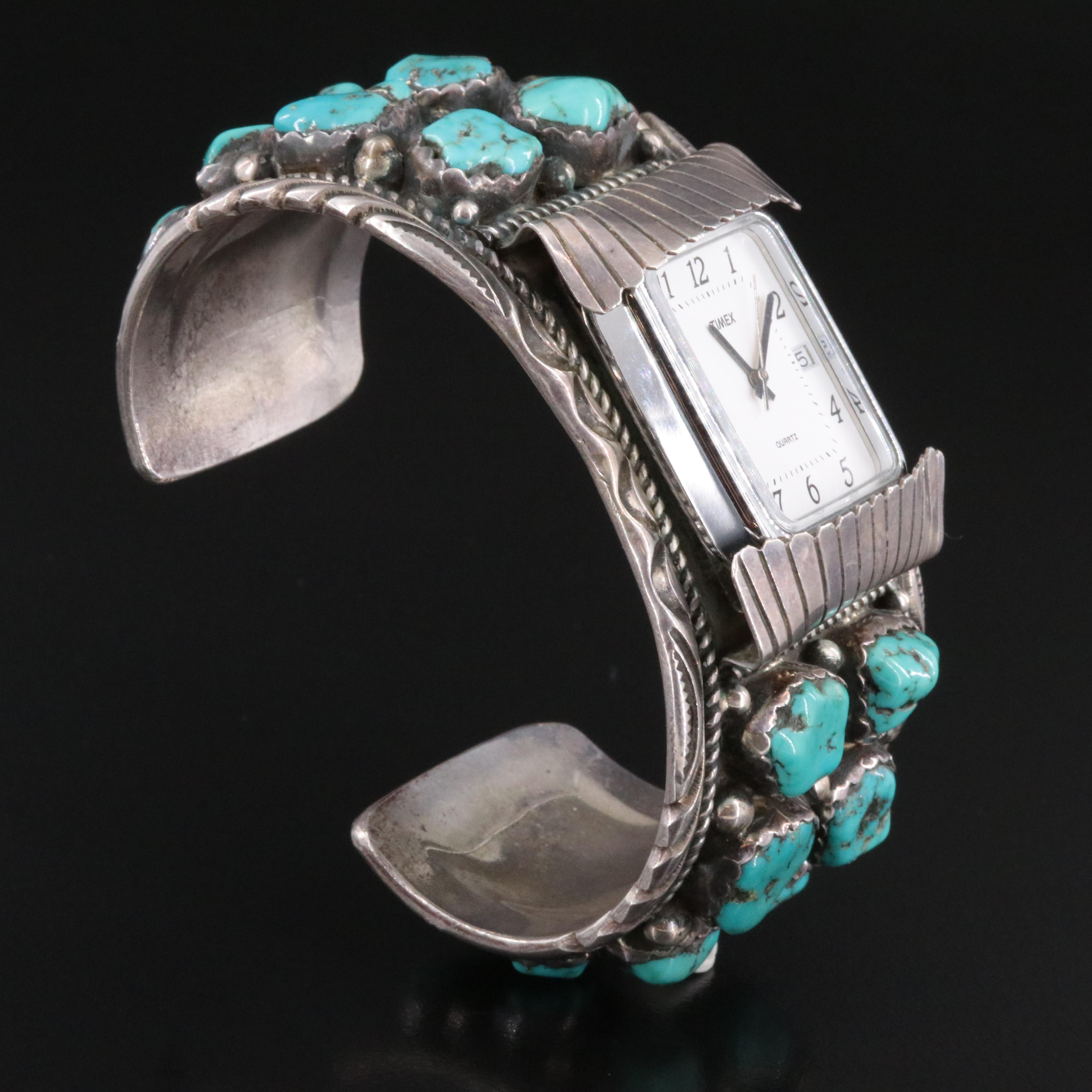 Timex Southwestern Style Sterling and Turquoise Cuff Bracelet Watch