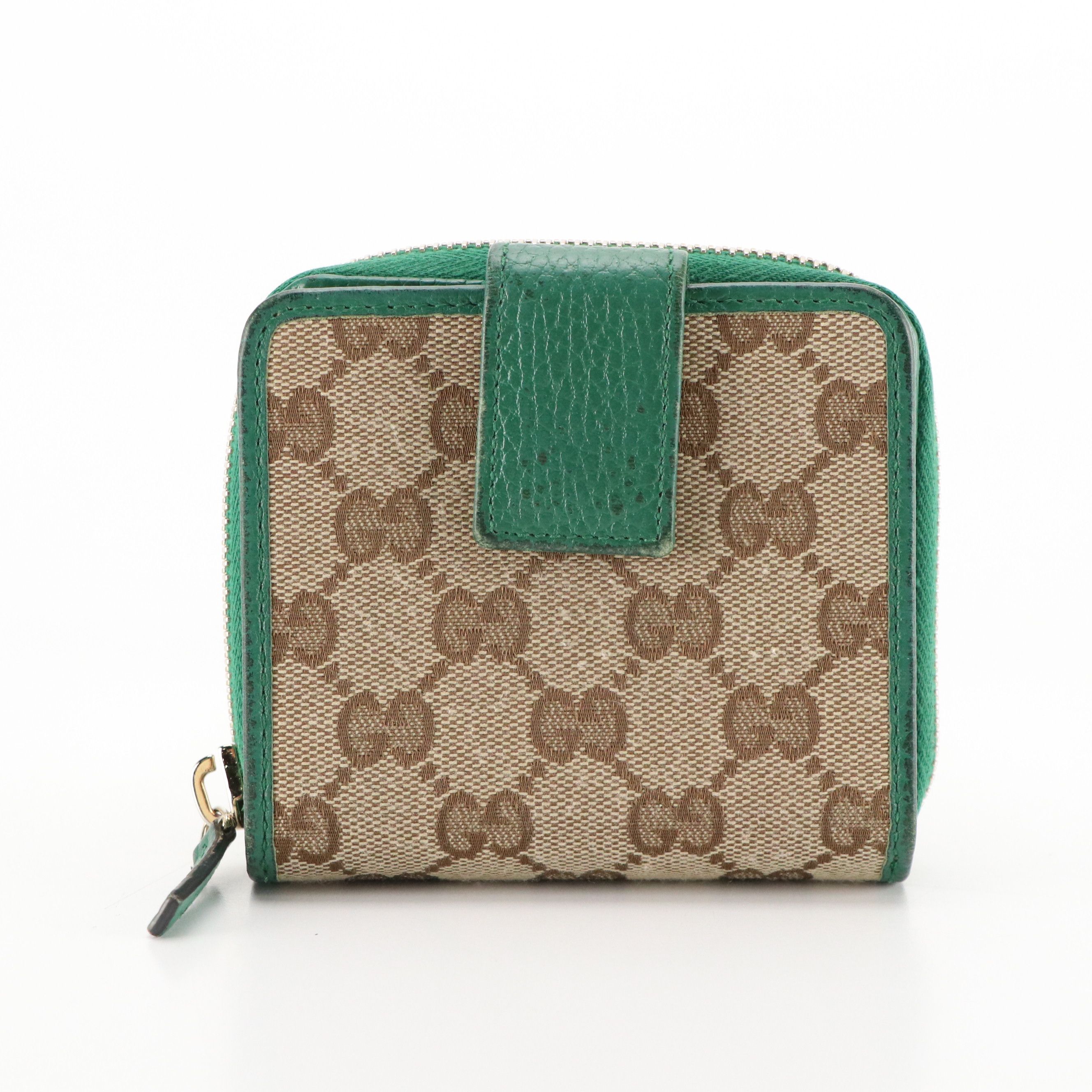 Gucci Compact Bifold Zip Wallet in GG Canvas and Green Calfskin Leather