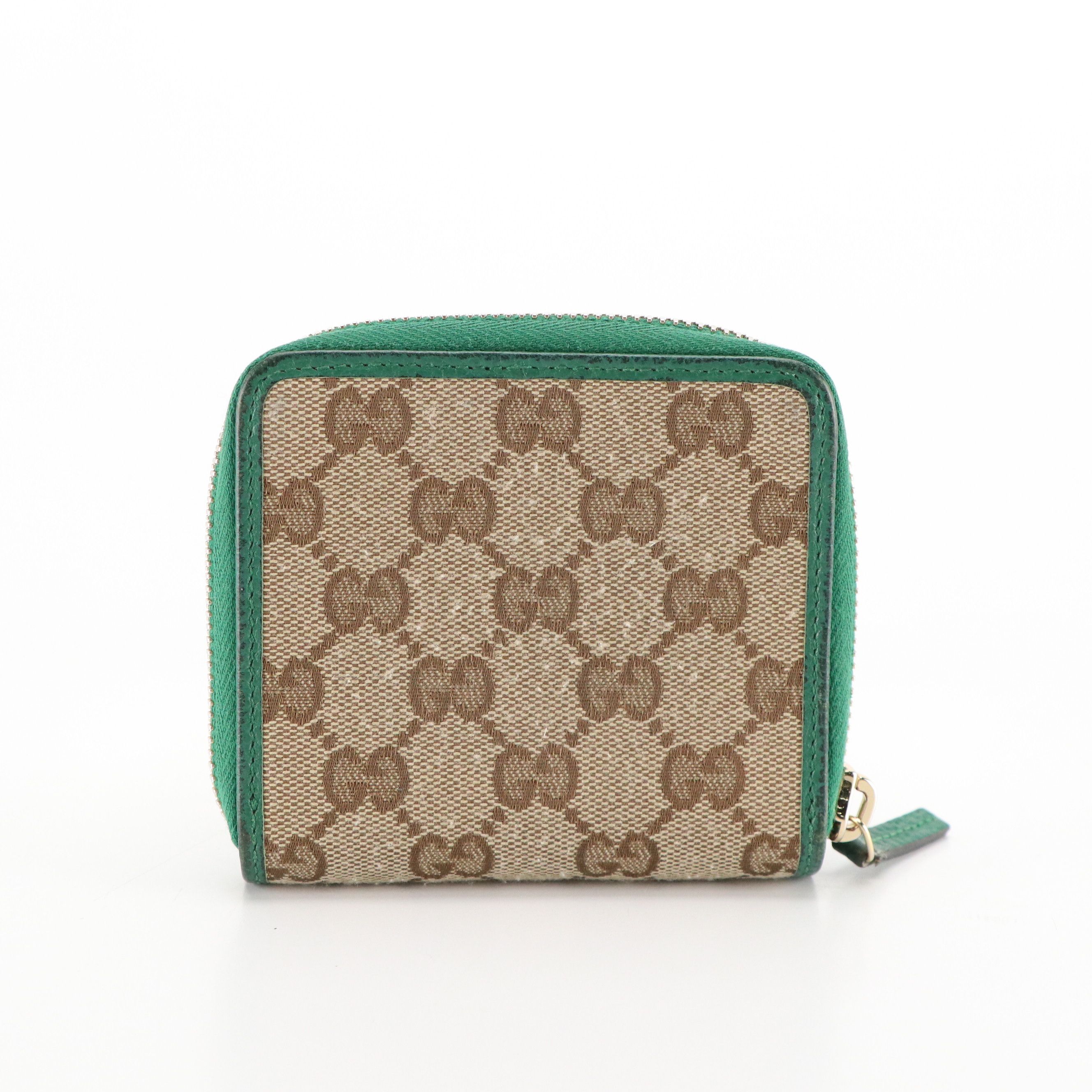 Gucci Compact Bifold Zip Wallet in GG Canvas and Green Calfskin Leather
