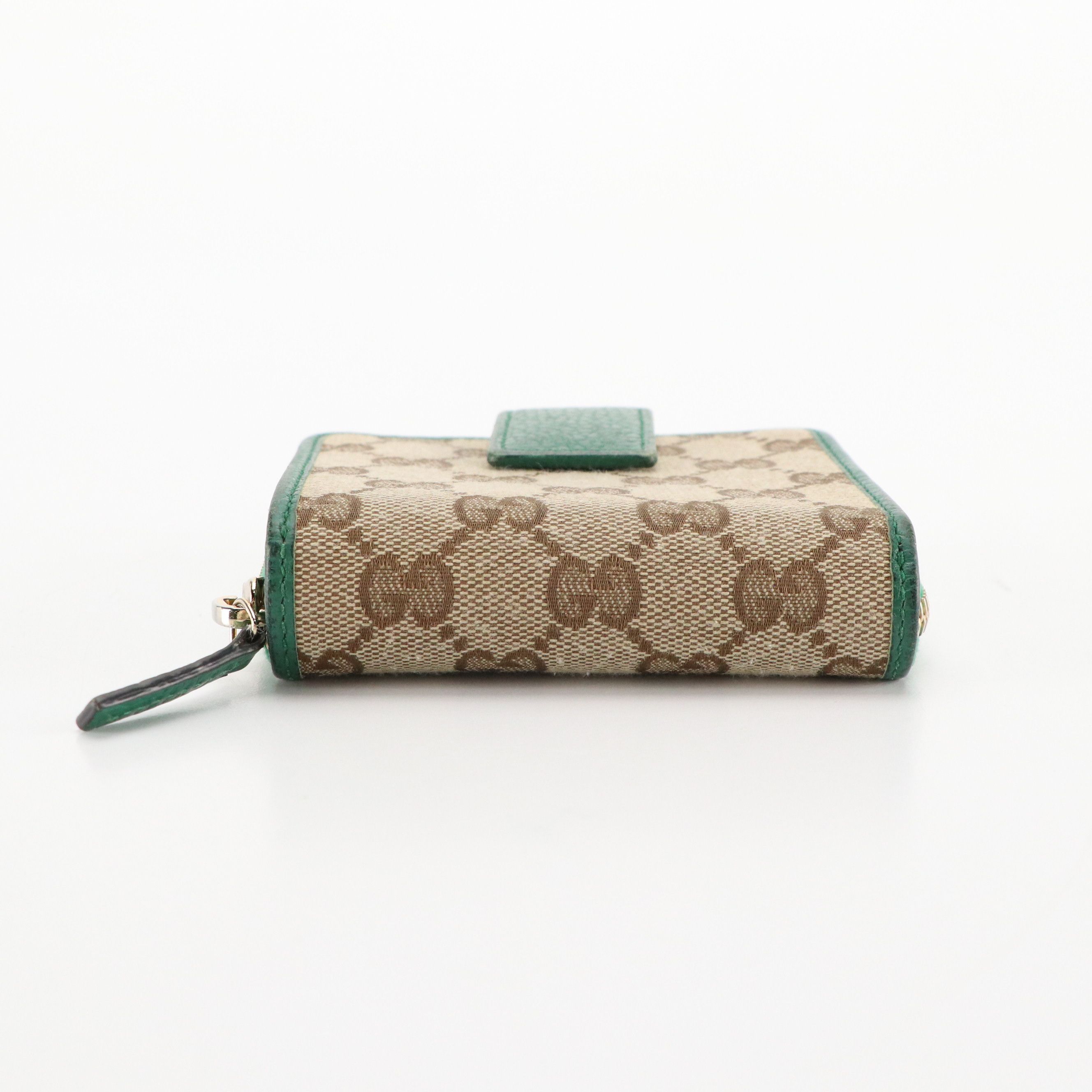 Gucci Compact Bifold Zip Wallet in GG Canvas and Green Calfskin Leather
