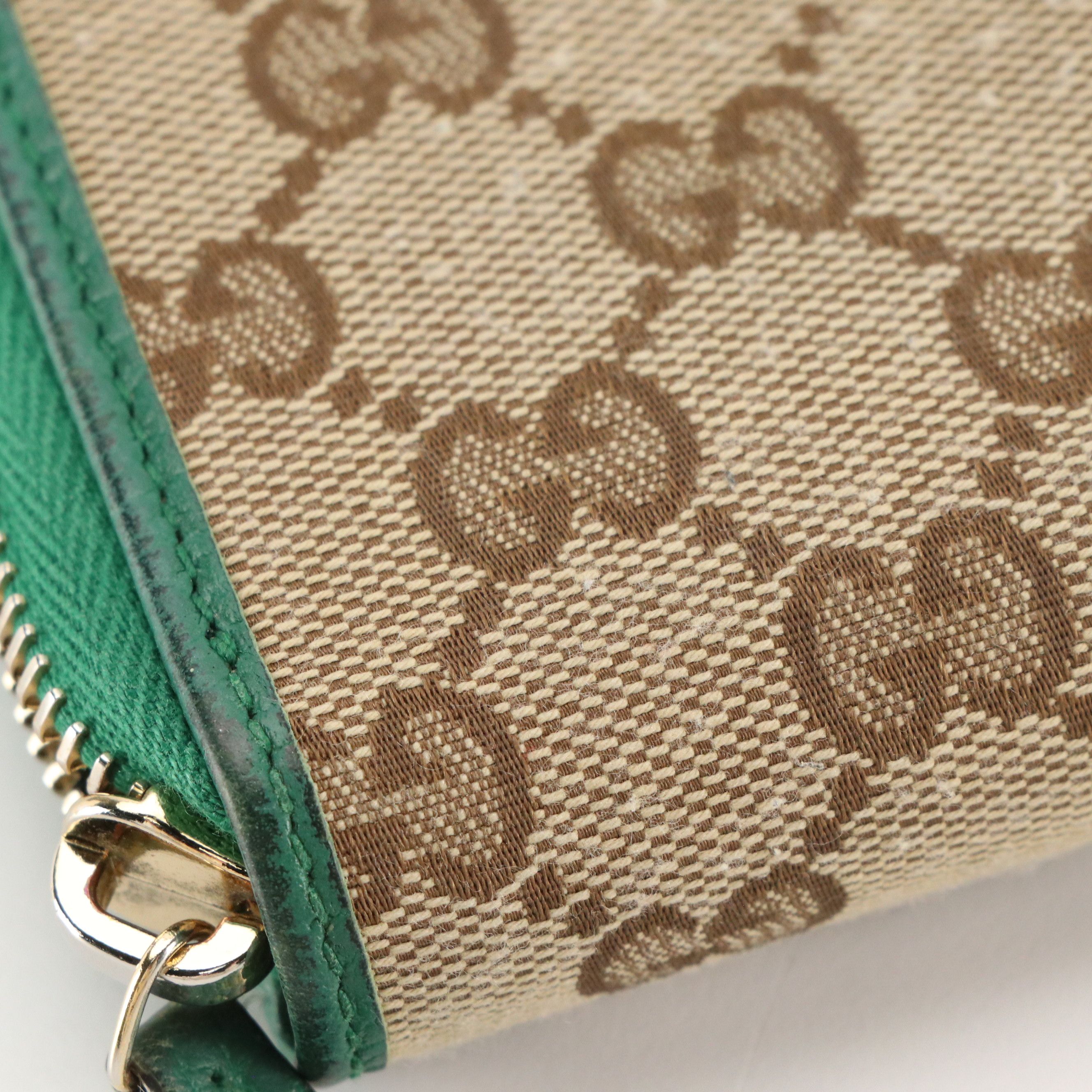 Gucci Compact Bifold Zip Wallet in GG Canvas and Green Calfskin Leather