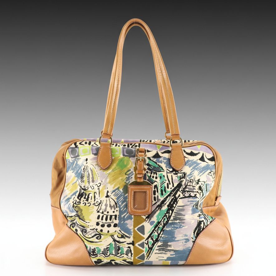 Prada Zippered Shoulder Satchel in St. Venez Canapa Canvas and Leather Trim
