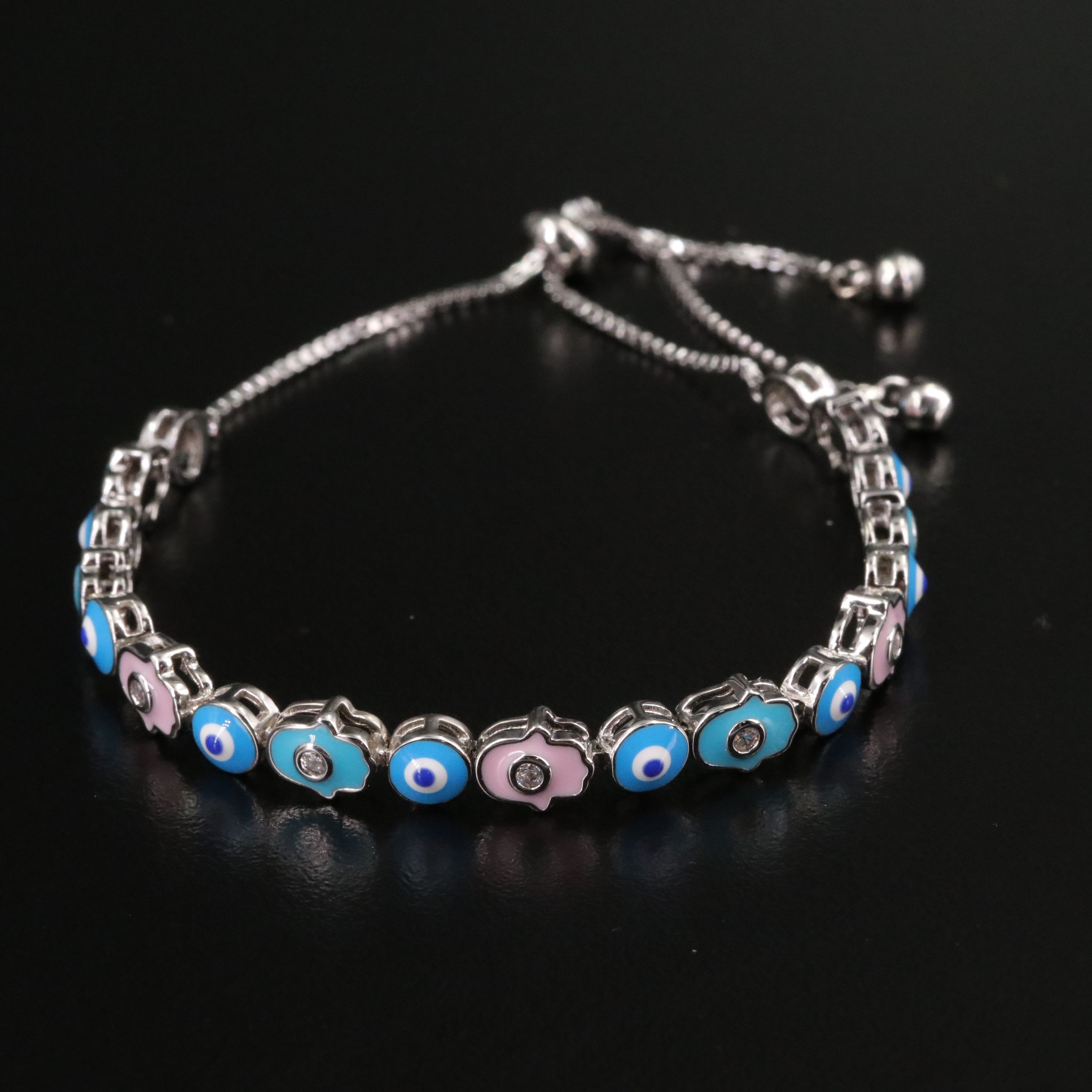 Sterling Evil Eye and Hamsa Bolo Bracelet with CZ