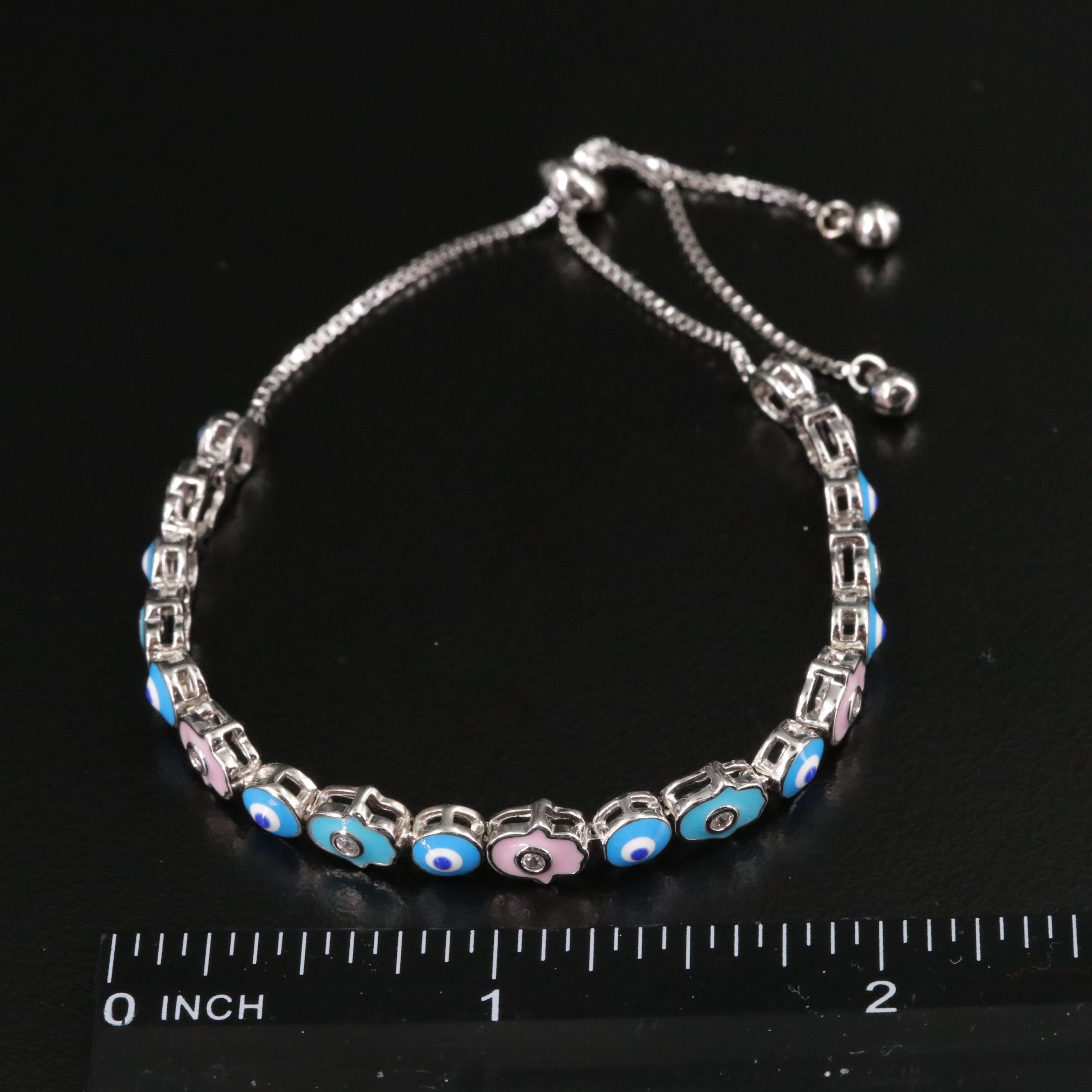 Sterling Evil Eye and Hamsa Bolo Bracelet with CZ