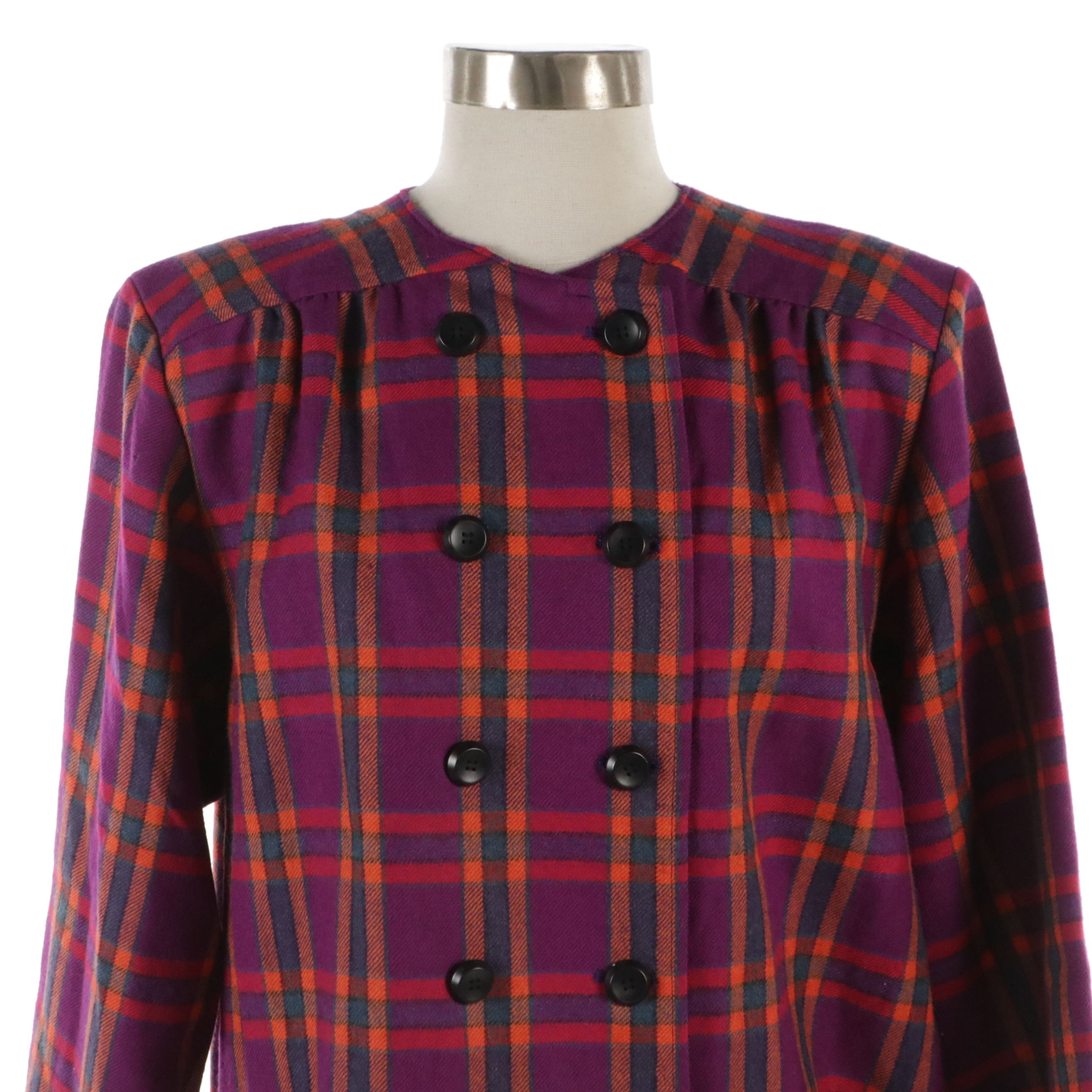Yves Saint Laurent Chemisiers Plaid Wool Double-Breasted Collarless Jacket