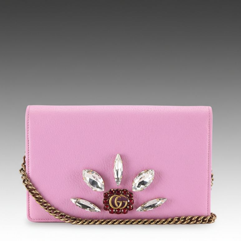 Gucci GG Marmont Marquise Crystal Wallet on Chain in Pink Leather