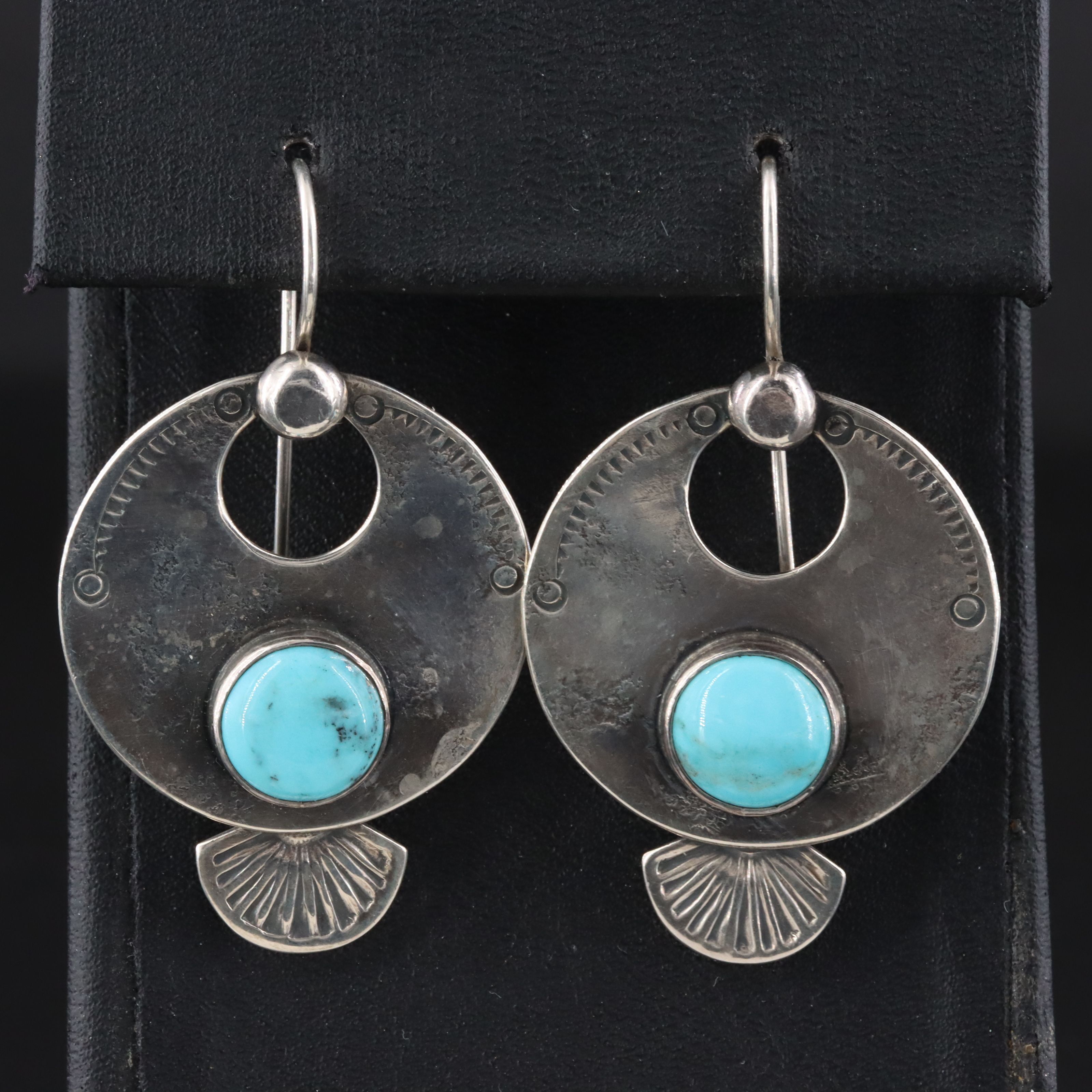 Signed Southwestern Sterling Turquoise Stampwork Earrings