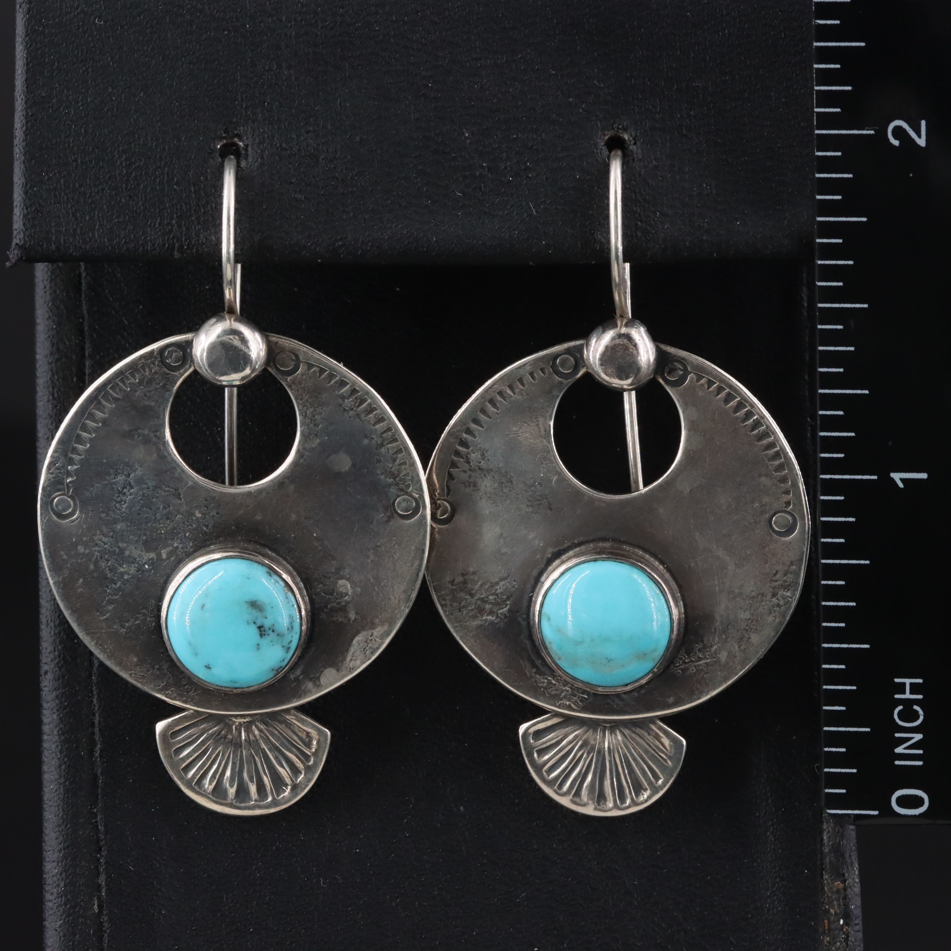Signed Southwestern Sterling Turquoise Stampwork Earrings