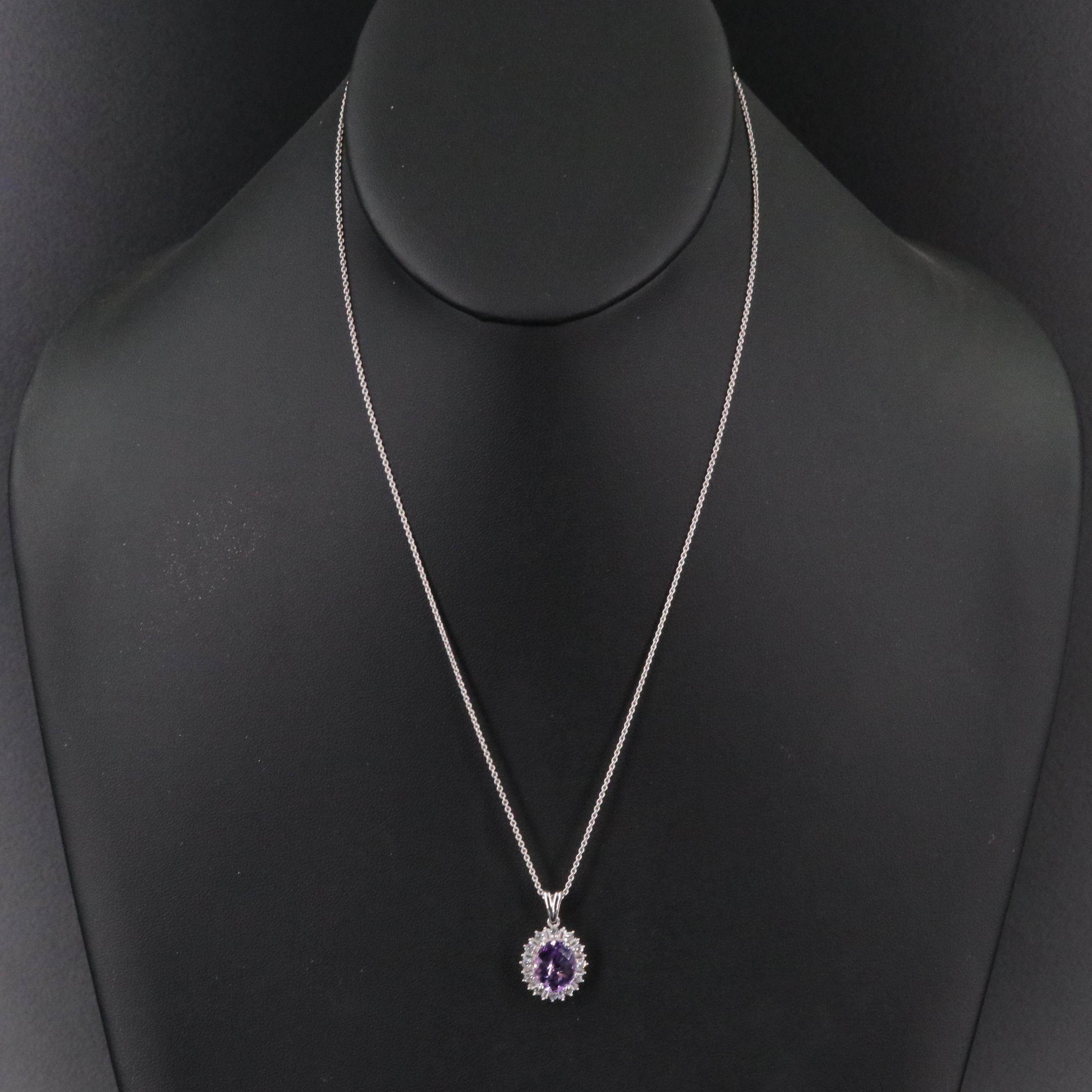 Sterling Amethyst and White Sapphire Halo Pendant Necklace