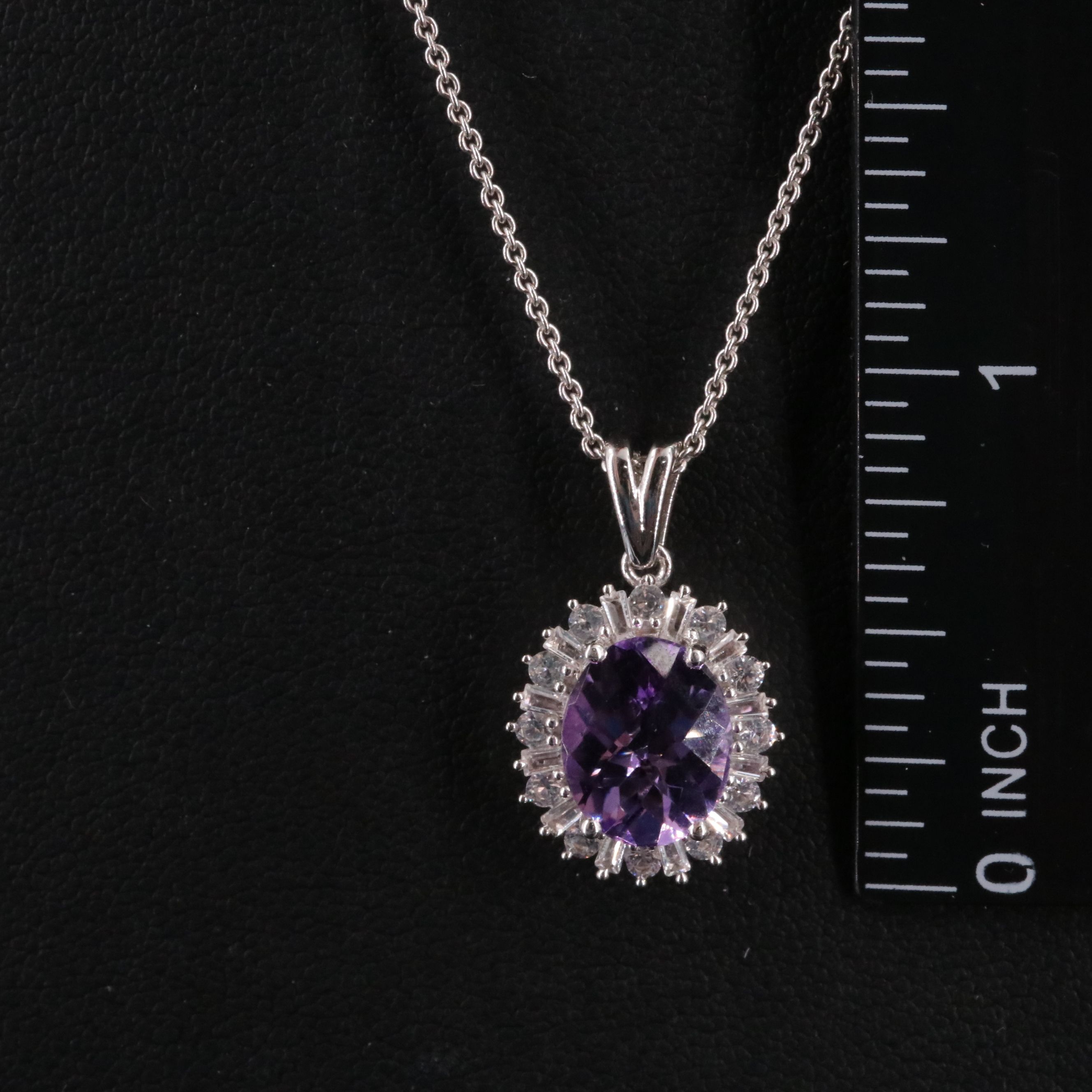 Sterling Amethyst and White Sapphire Halo Pendant Necklace