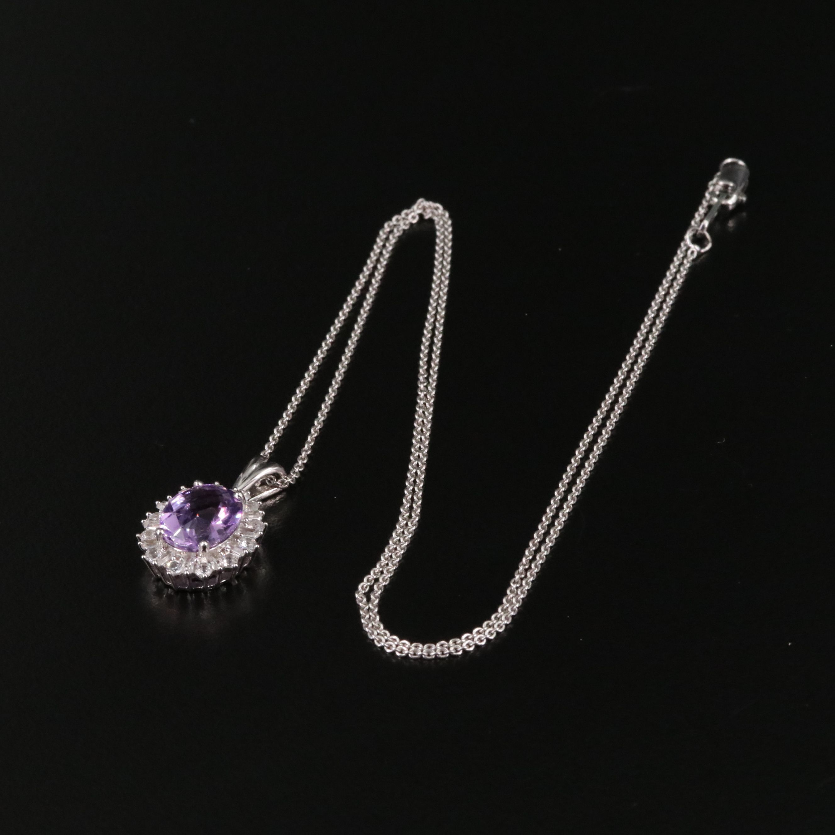 Sterling Amethyst and White Sapphire Halo Pendant Necklace