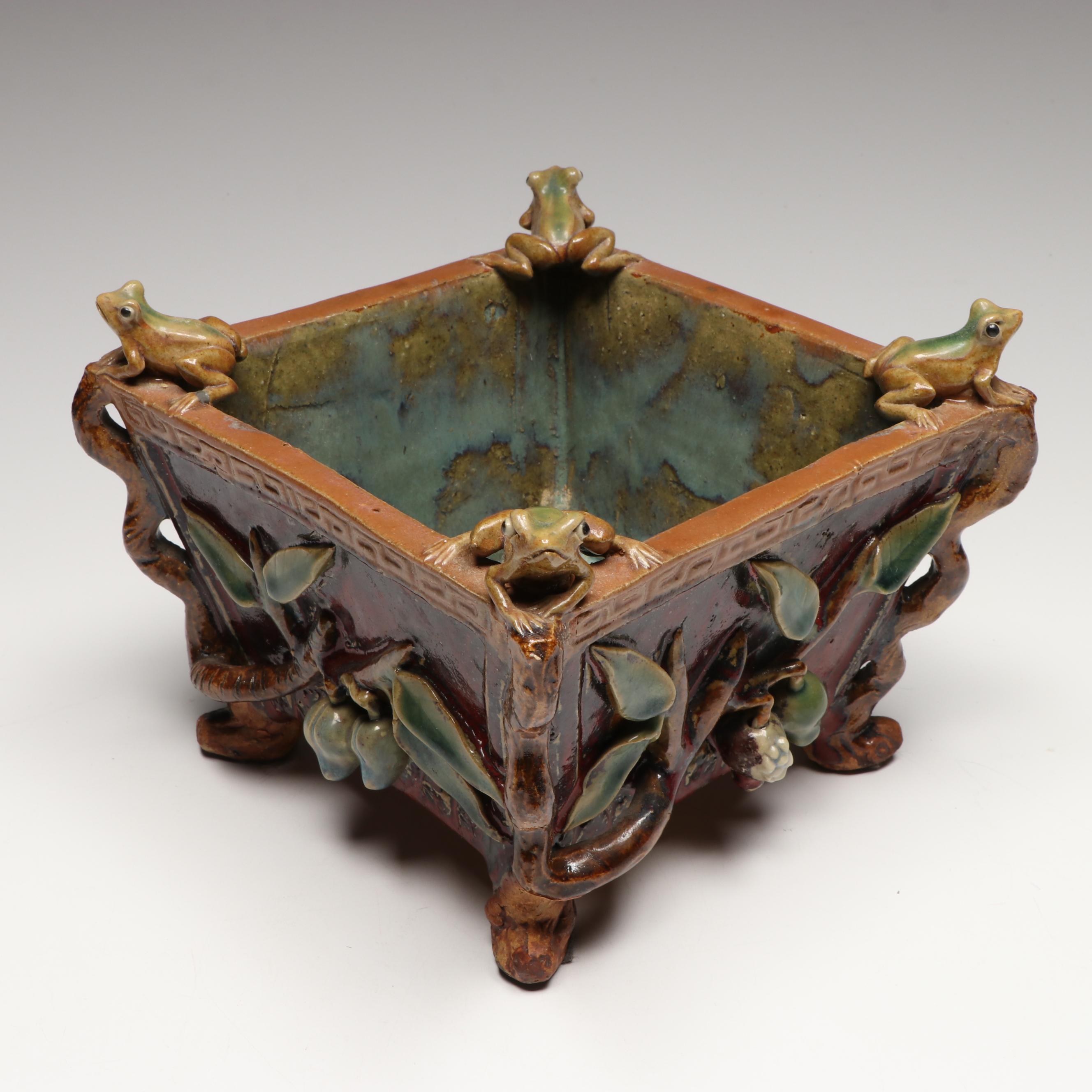 Chinese Majolica Frog Footed Planter, Leaf Tray and Teapot