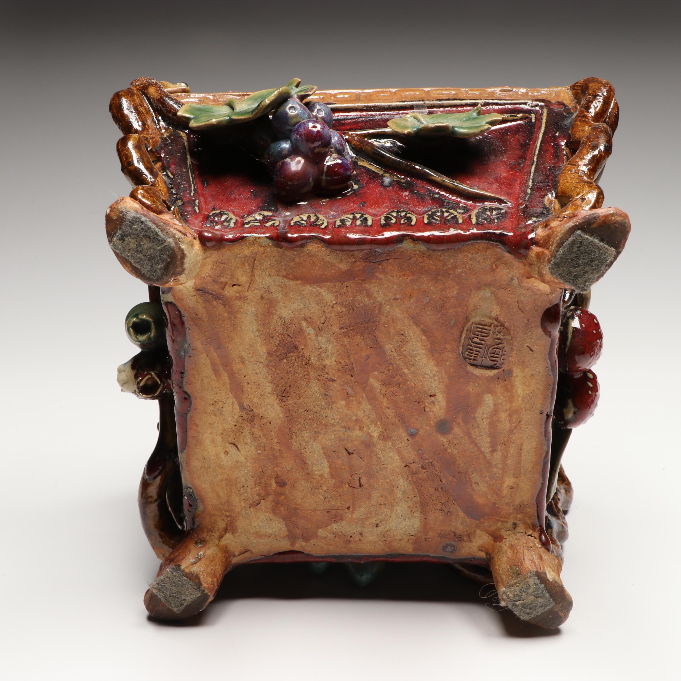 Chinese Majolica Frog Footed Planter, Leaf Tray and Teapot