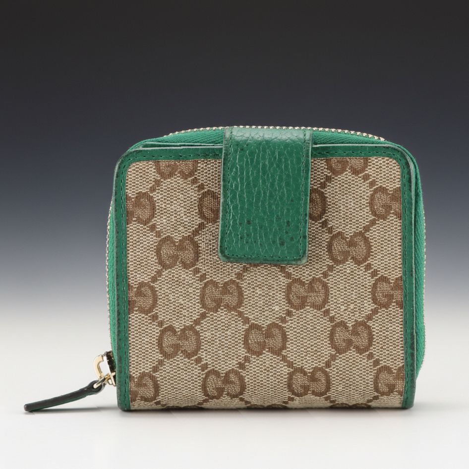 Gucci Compact Bifold Zip Wallet in GG Canvas and Green Calfskin Leather