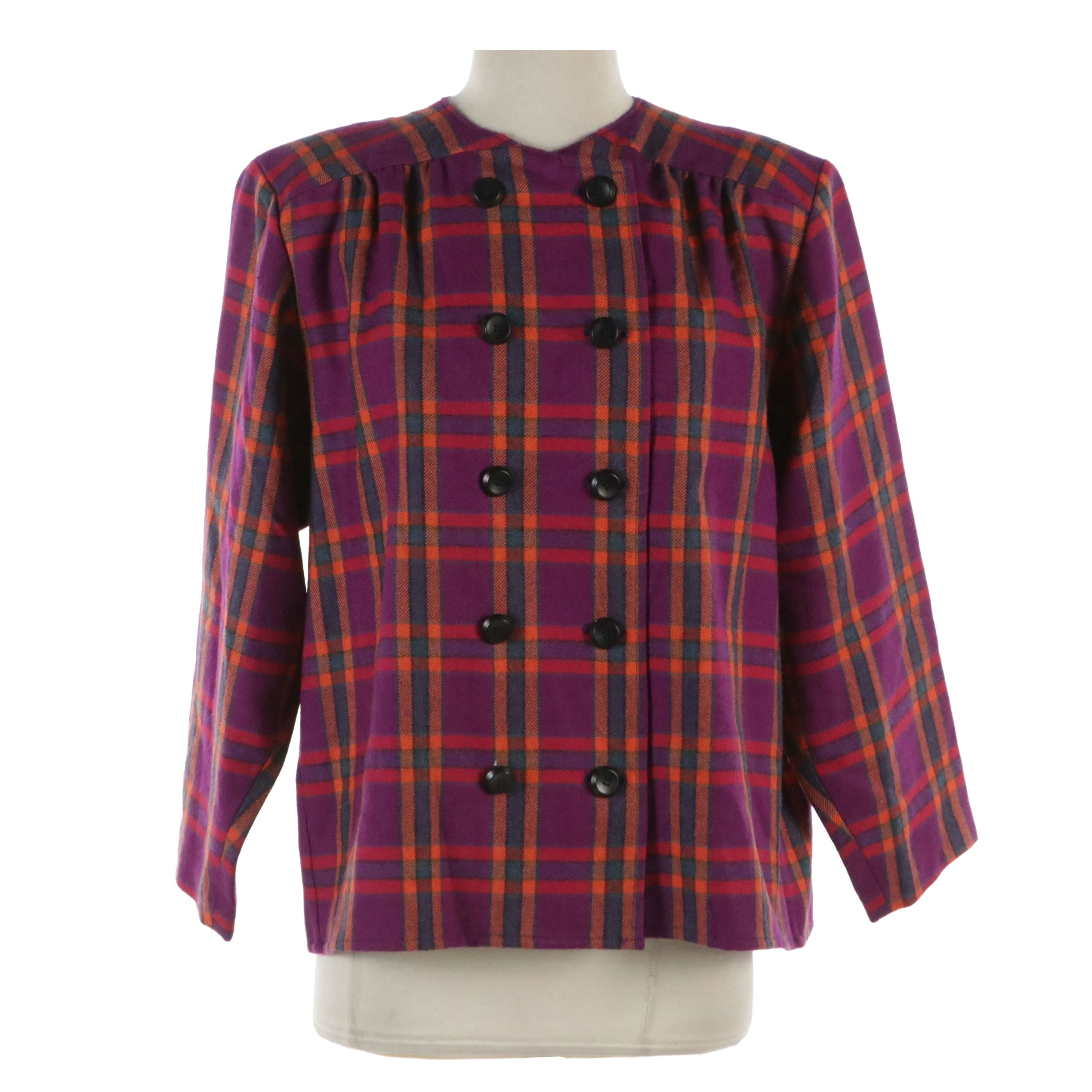 Yves Saint Laurent Chemisiers Plaid Wool Double-Breasted Collarless Jacket