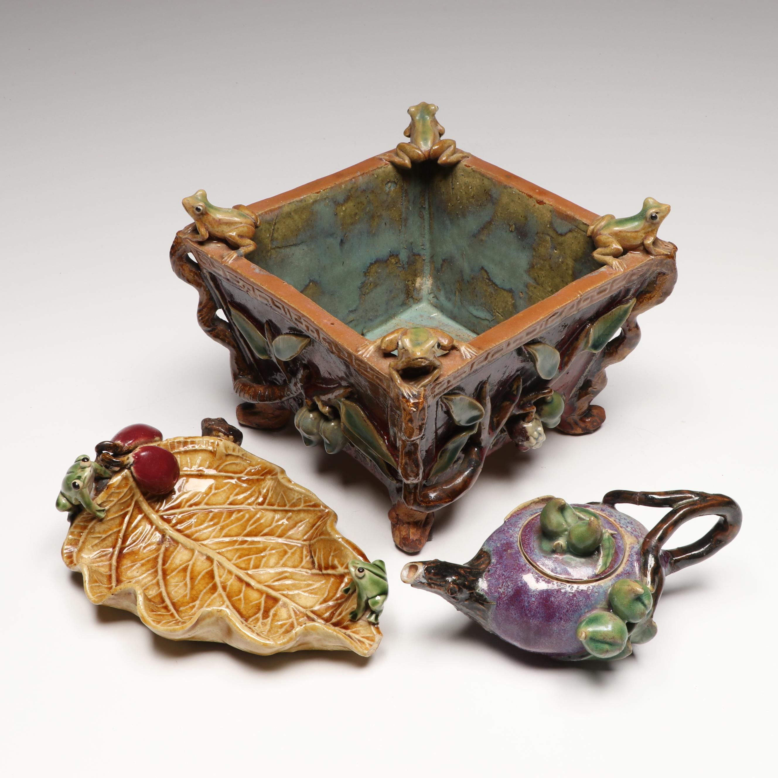 Chinese Majolica Frog Footed Planter, Leaf Tray and Teapot