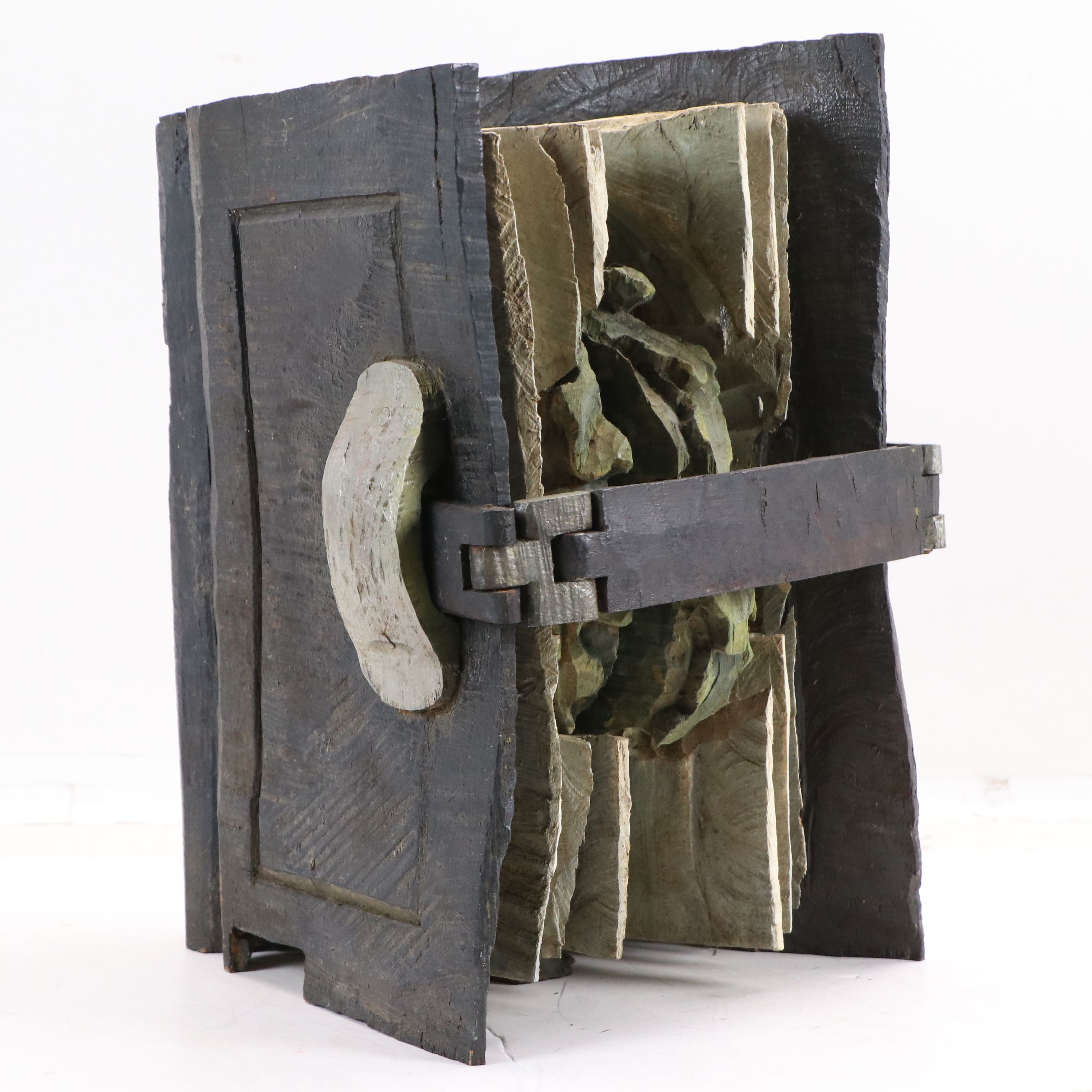 Hand-Carved Wooden Folk Art Pop-Up Book Sculpture with Tree, 20th Century