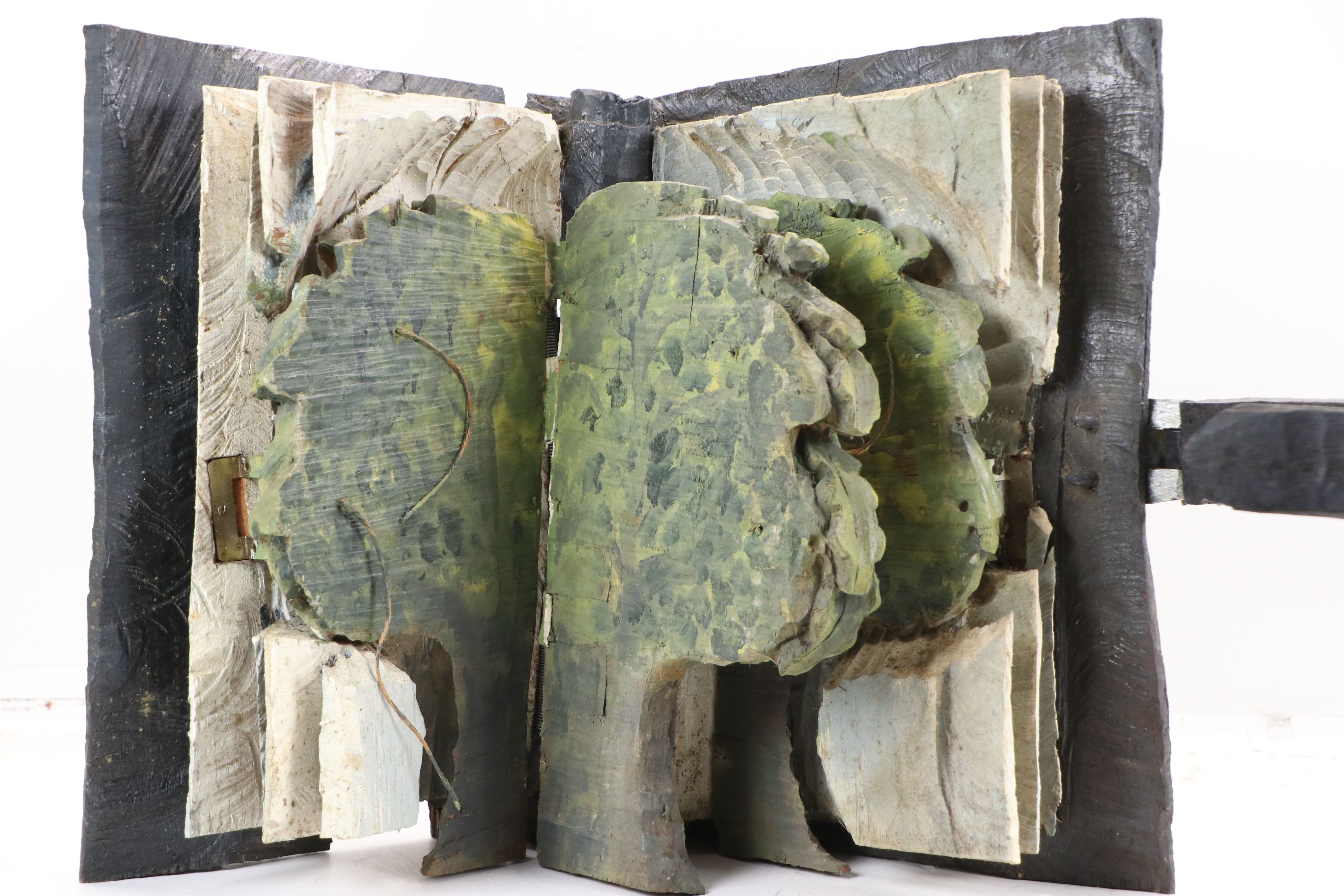 Hand-Carved Wooden Folk Art Pop-Up Book Sculpture with Tree, 20th Century