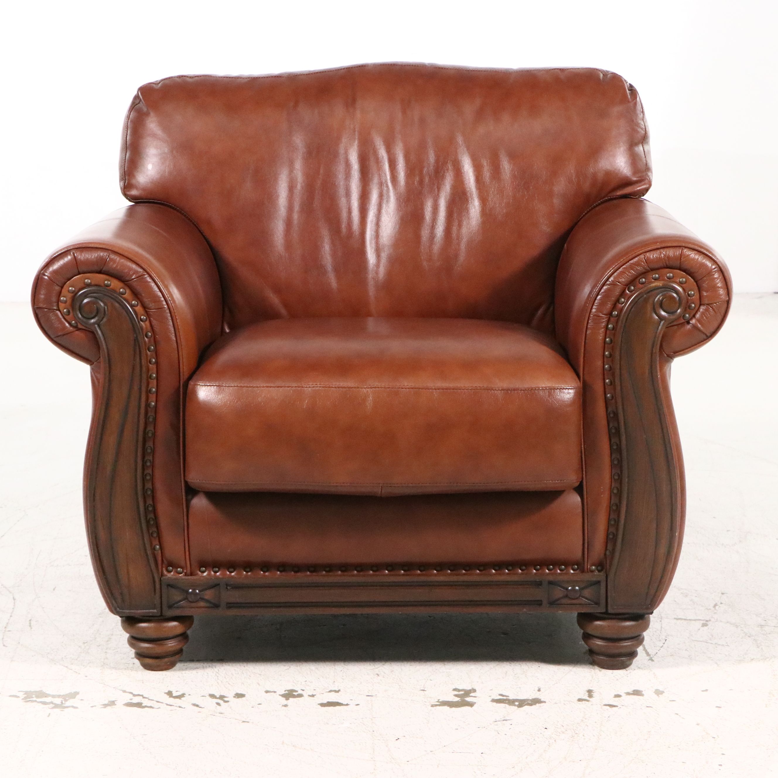 Contemporary Mediterranean Style Leather Club Chair with Ornate Wood Trim