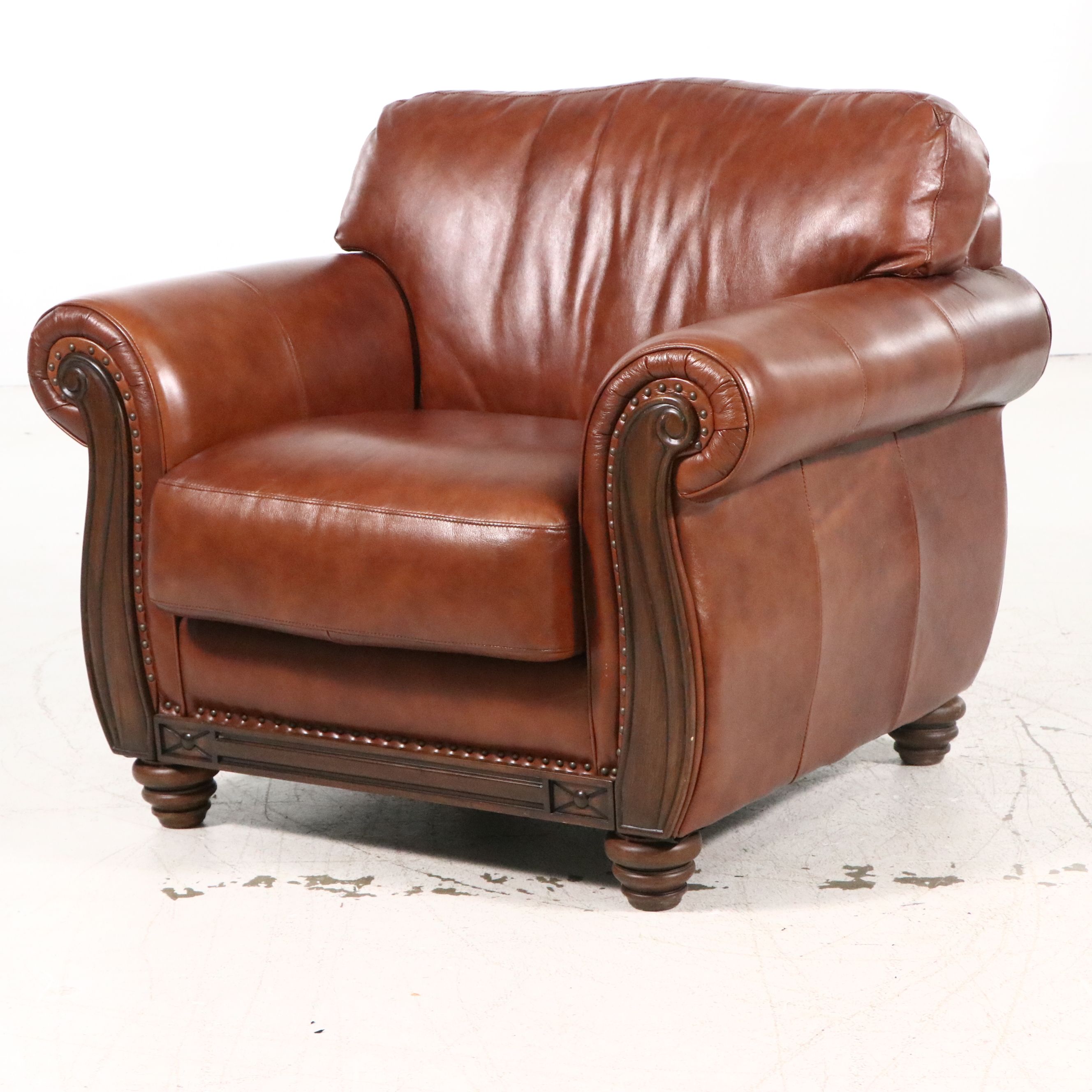 Contemporary Mediterranean Style Leather Club Chair with Ornate Wood Trim