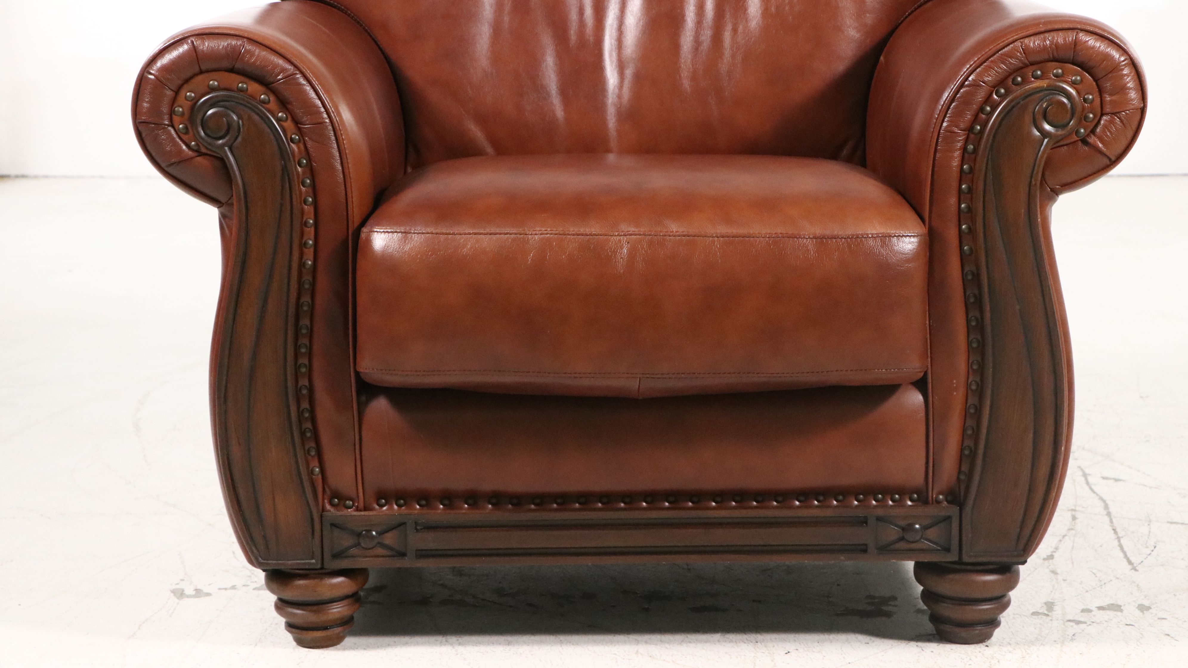 Contemporary Mediterranean Style Leather Club Chair with Ornate Wood Trim