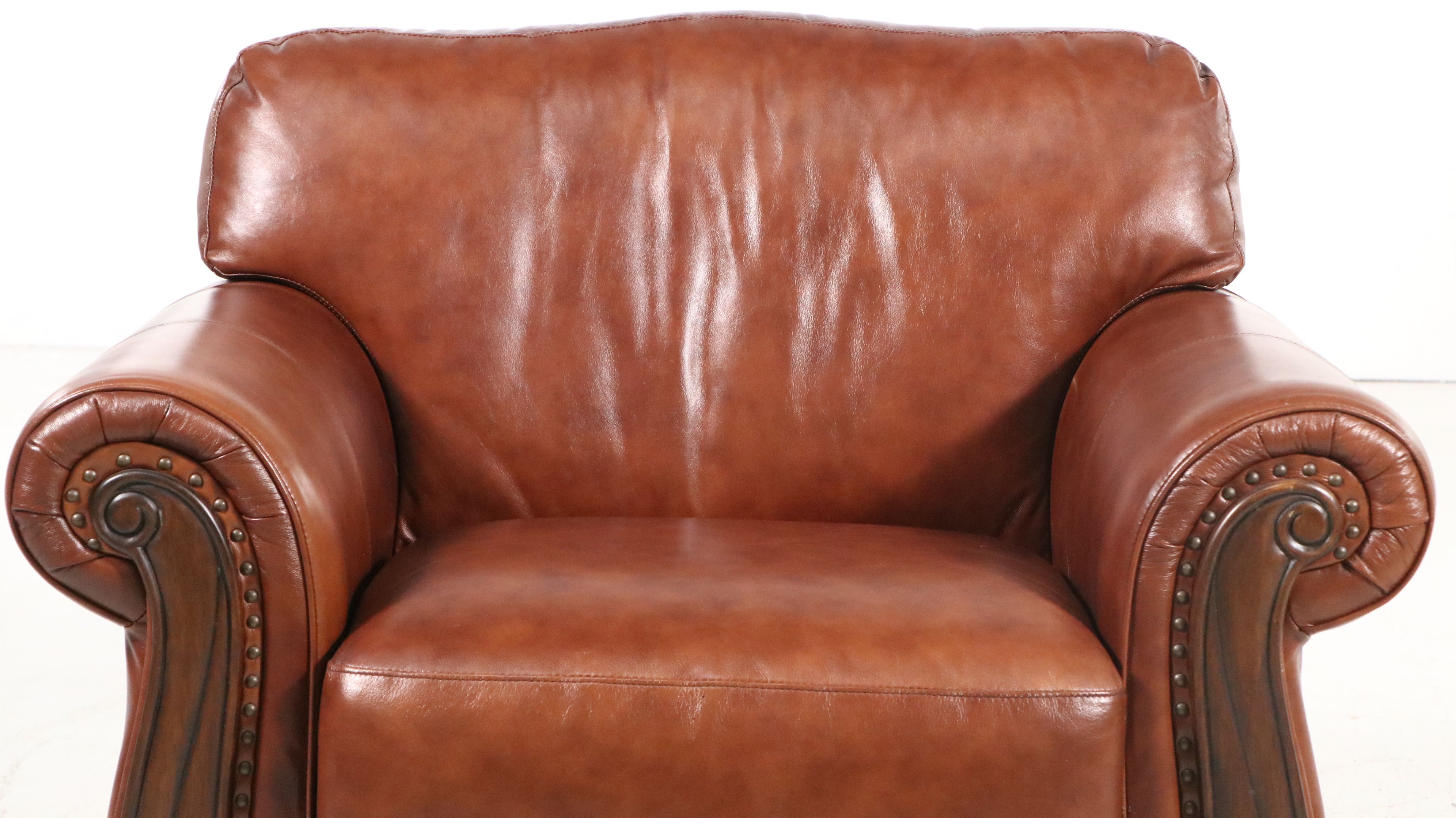 Contemporary Mediterranean Style Leather Club Chair with Ornate Wood Trim