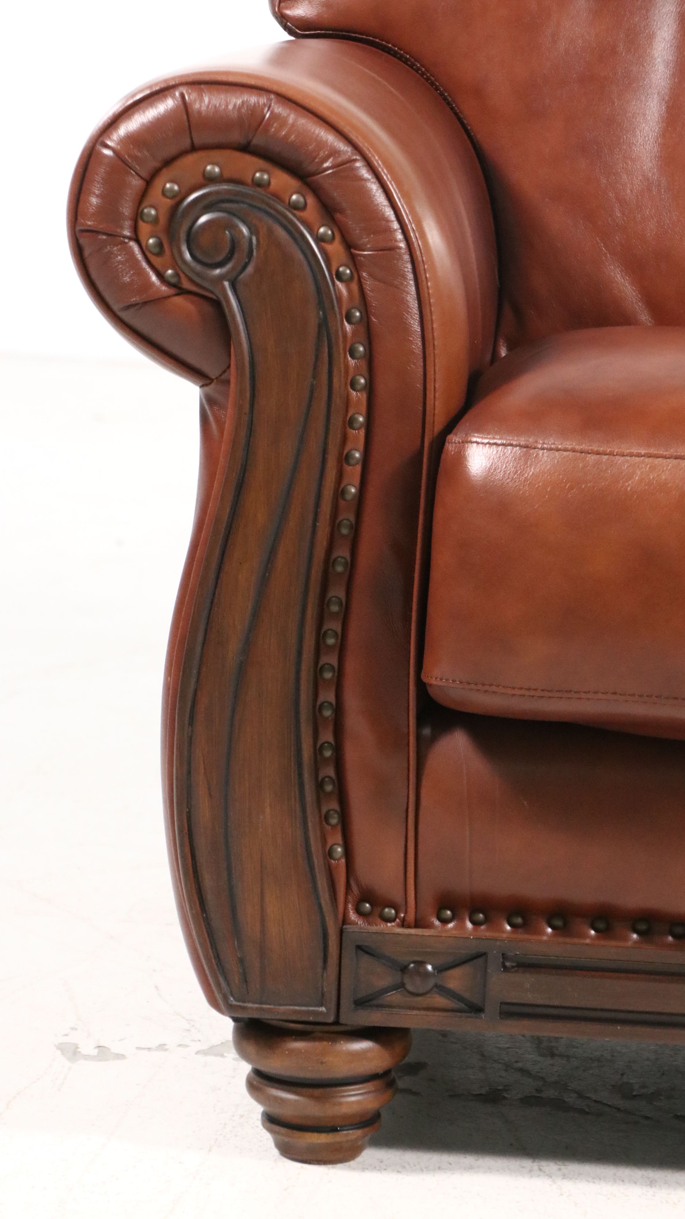 Contemporary Mediterranean Style Leather Club Chair with Ornate Wood Trim