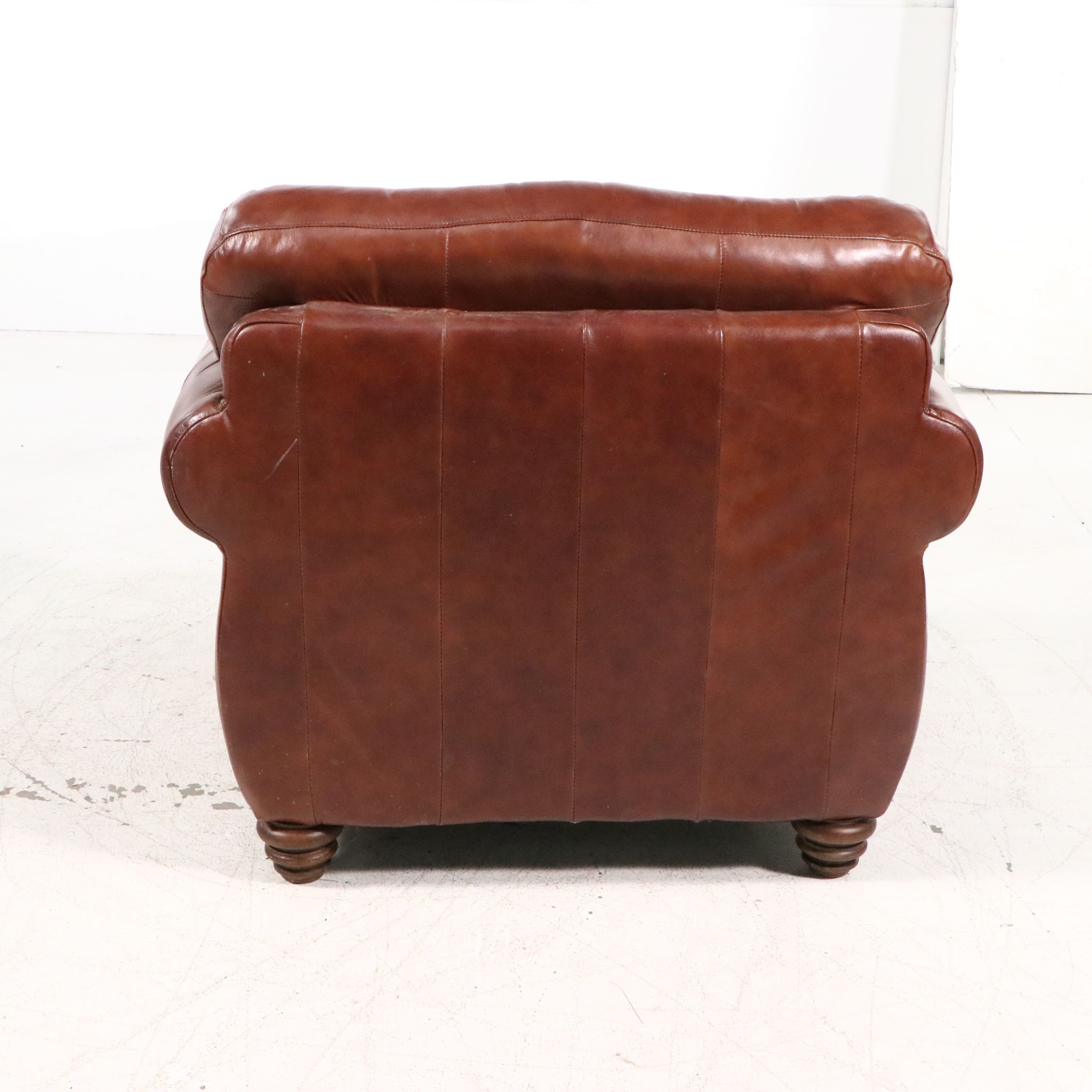 Contemporary Mediterranean Style Leather Club Chair with Ornate Wood Trim