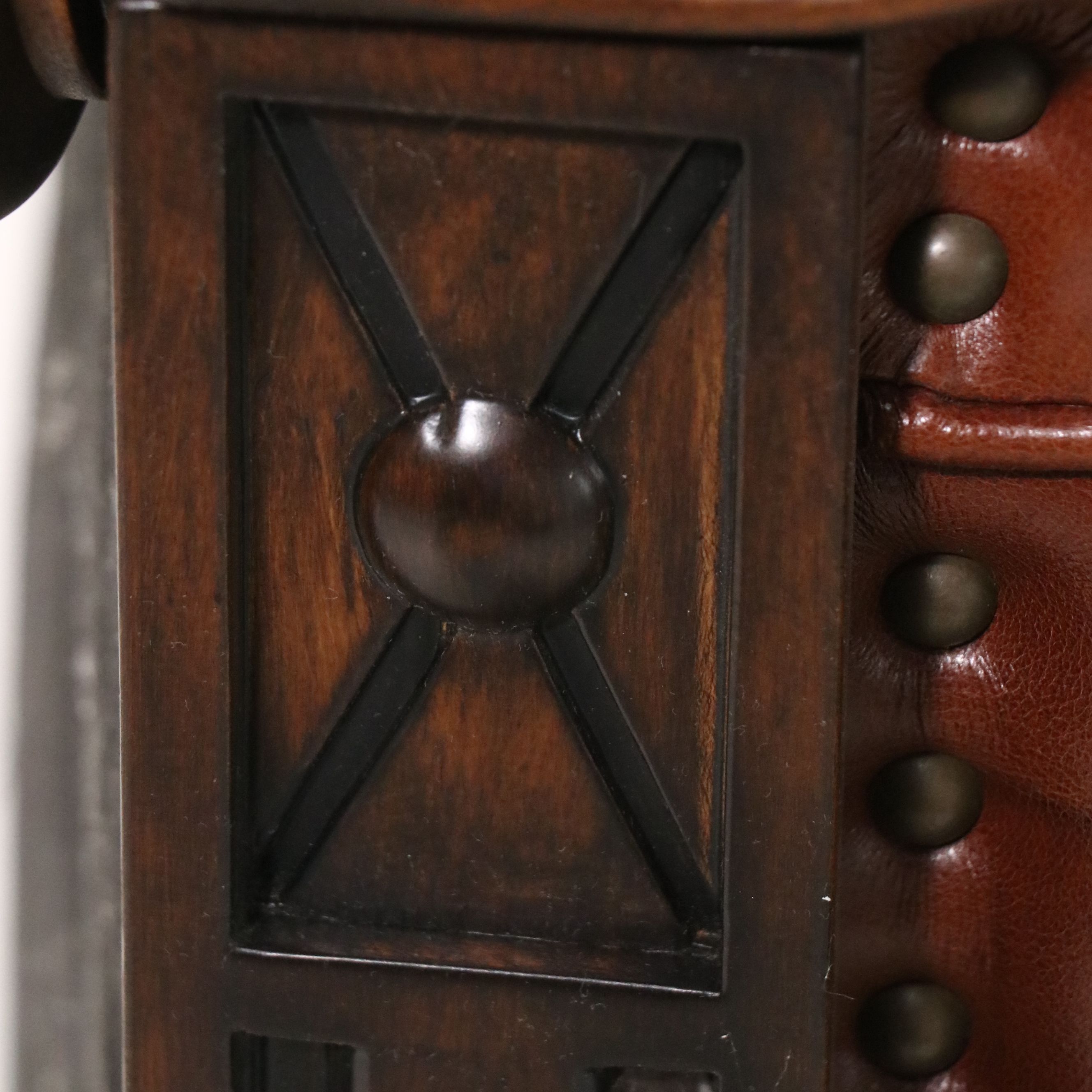 Contemporary Mediterranean Style Leather Club Chair with Ornate Wood Trim