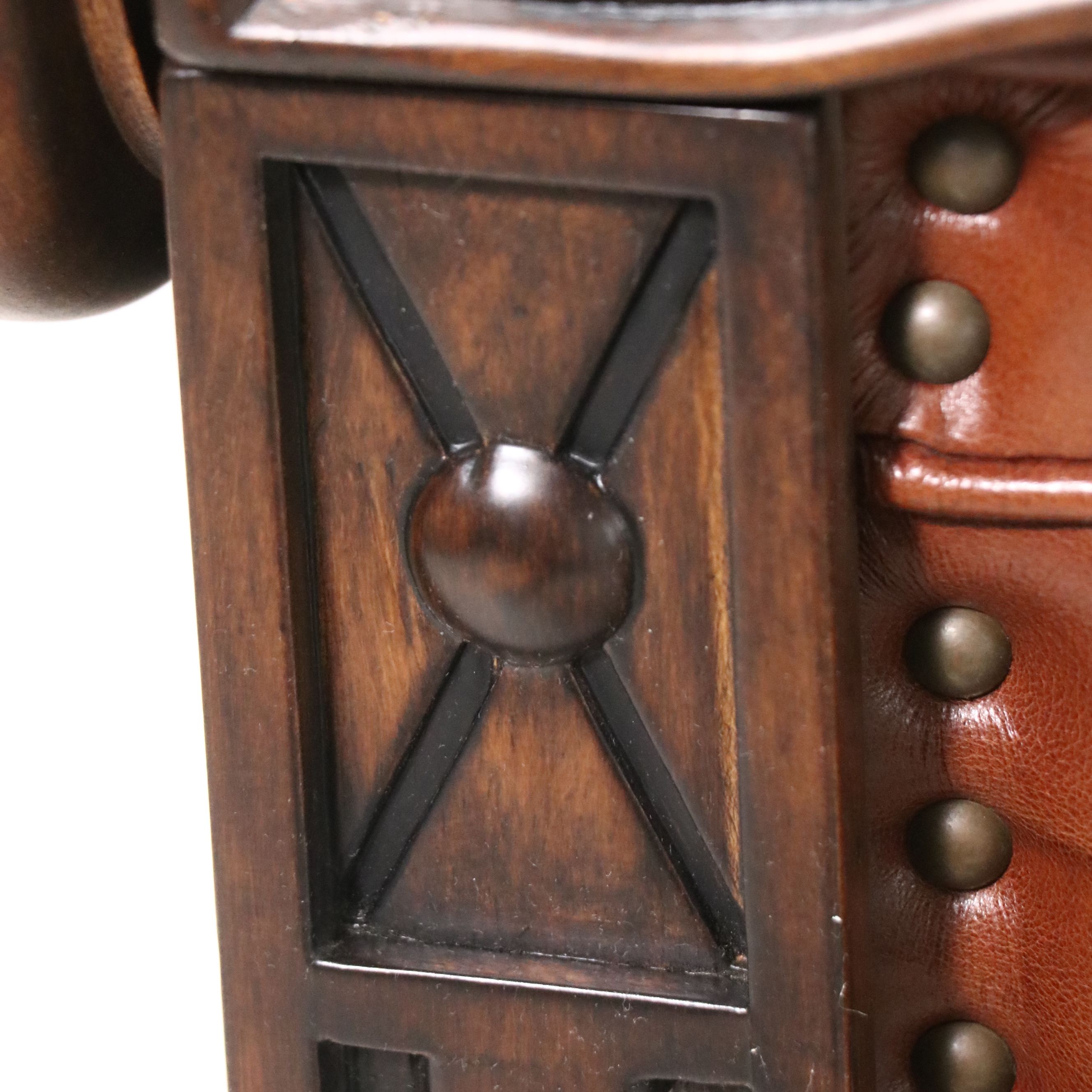 Contemporary Mediterranean Style Leather Club Chair with Ornate Wood Trim