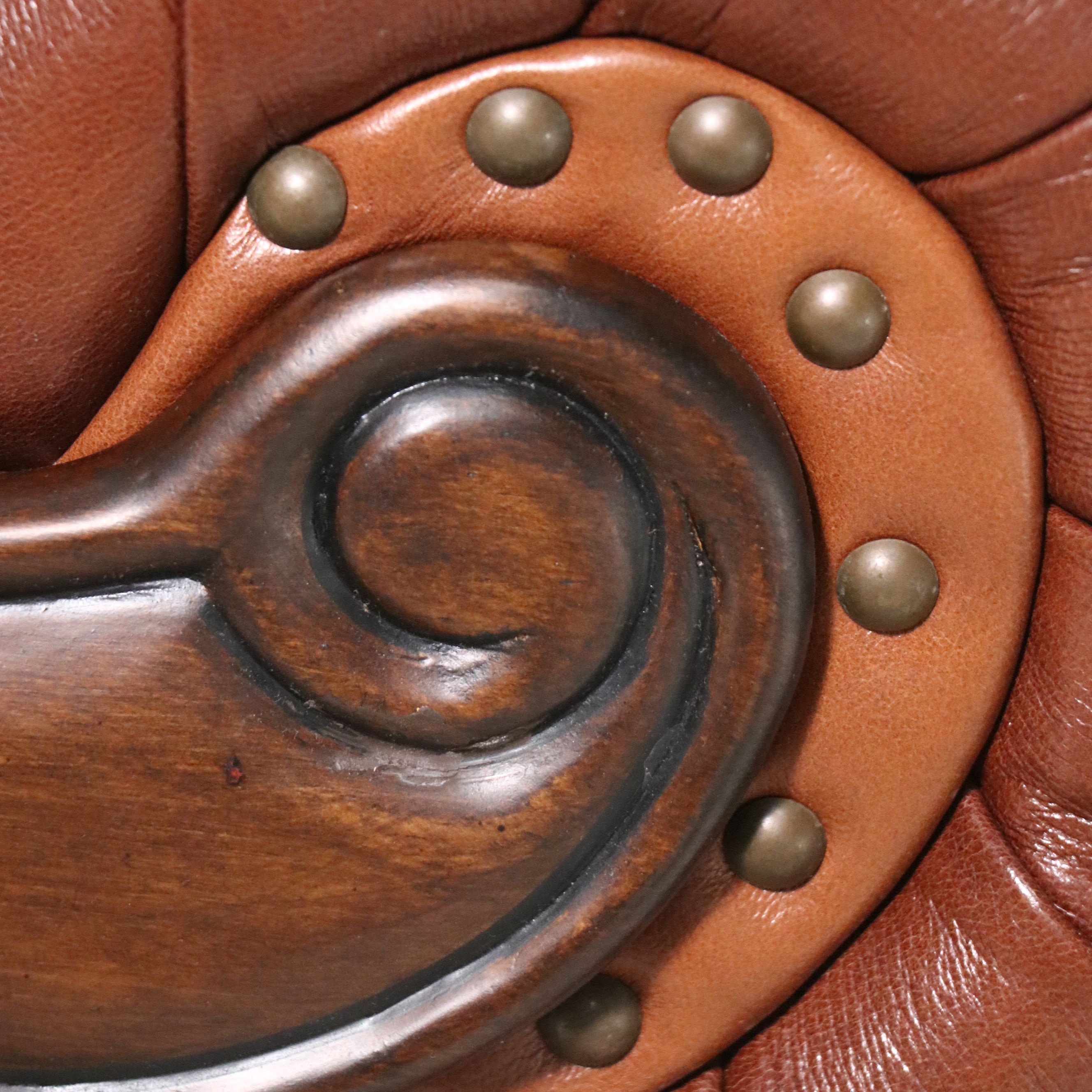 Contemporary Mediterranean Style Leather Club Chair with Ornate Wood Trim