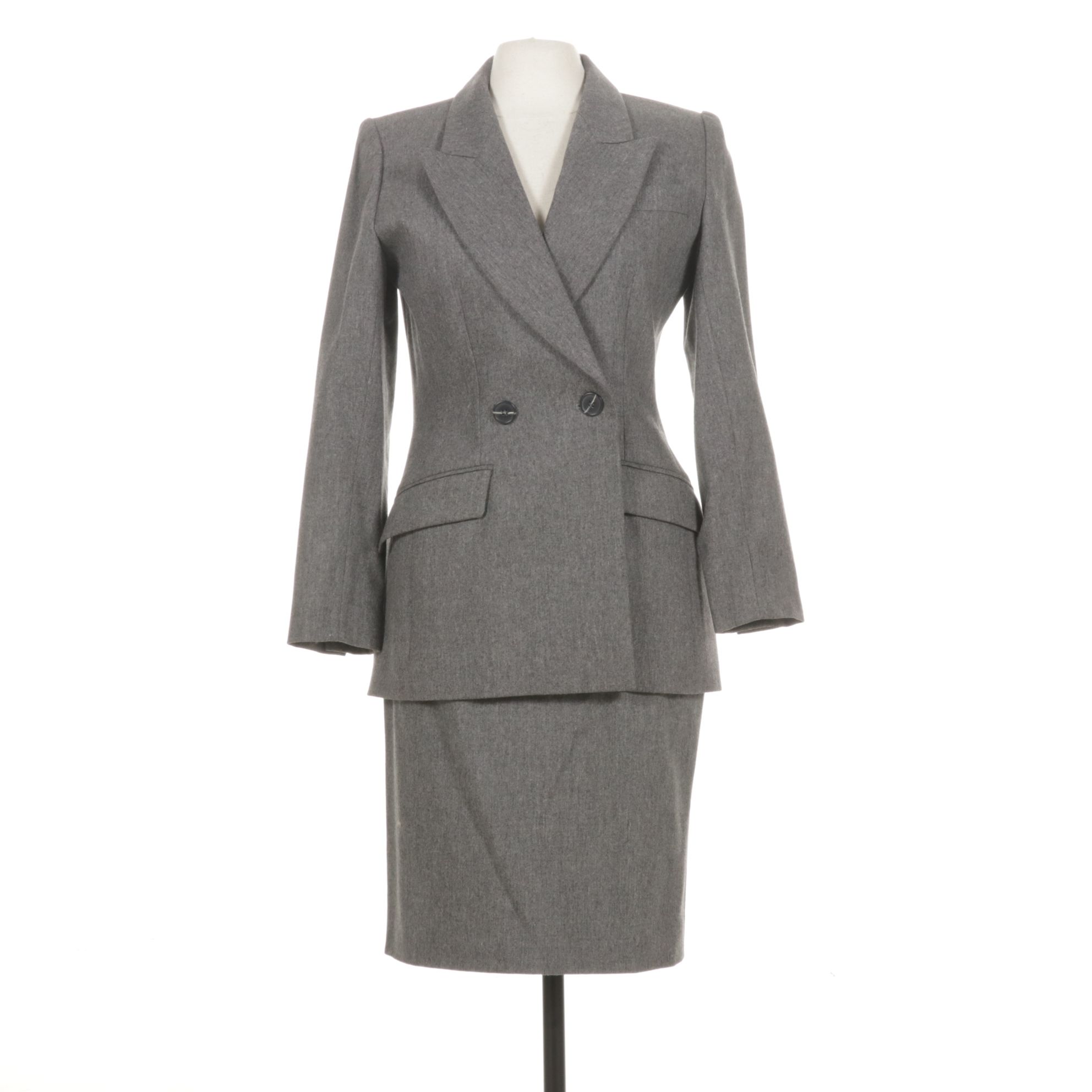 Yves Saint Laurent Charcoal Wool Double-Breasted Blazer and Skirt