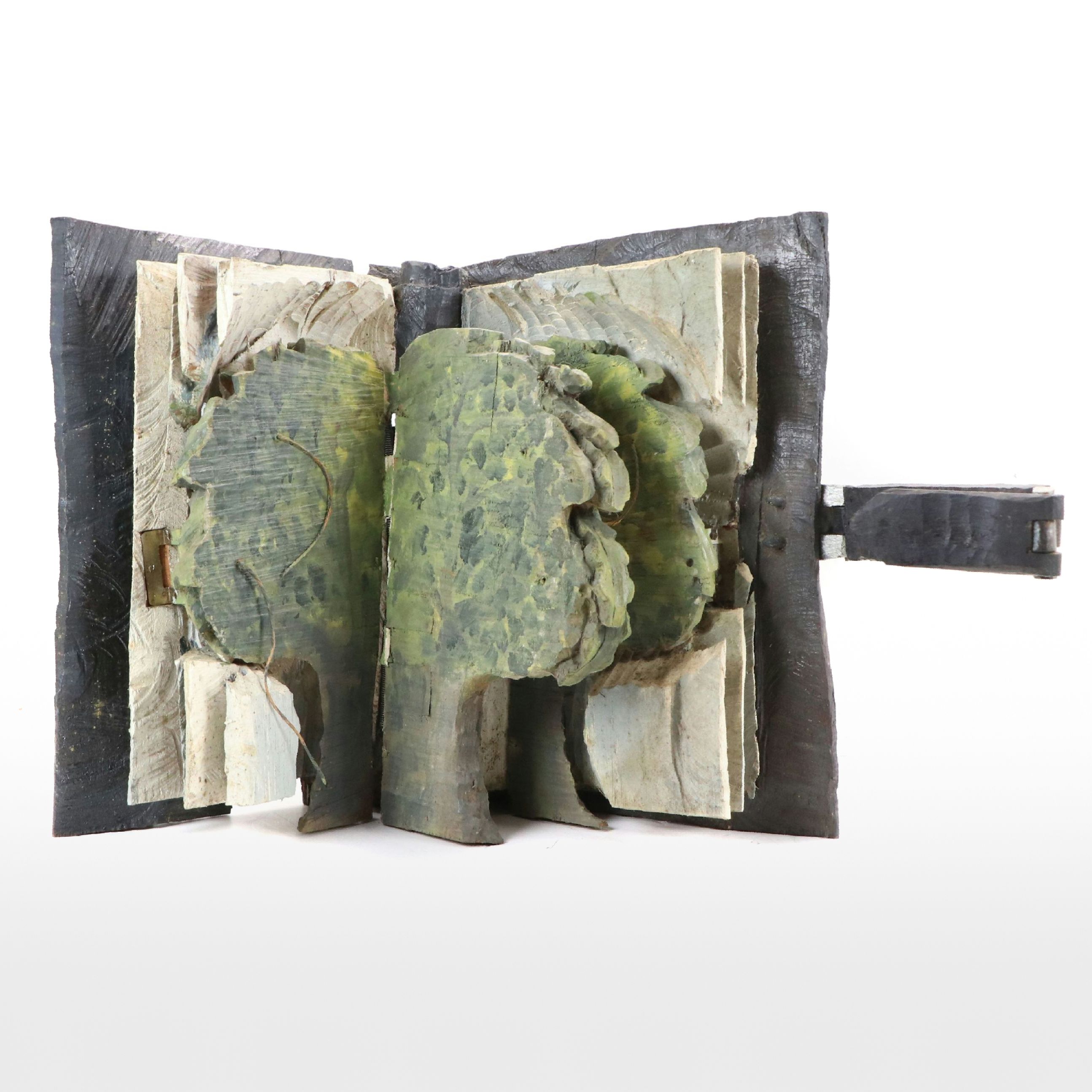 Hand-Carved Wooden Folk Art Pop-Up Book Sculpture with Tree, 20th Century