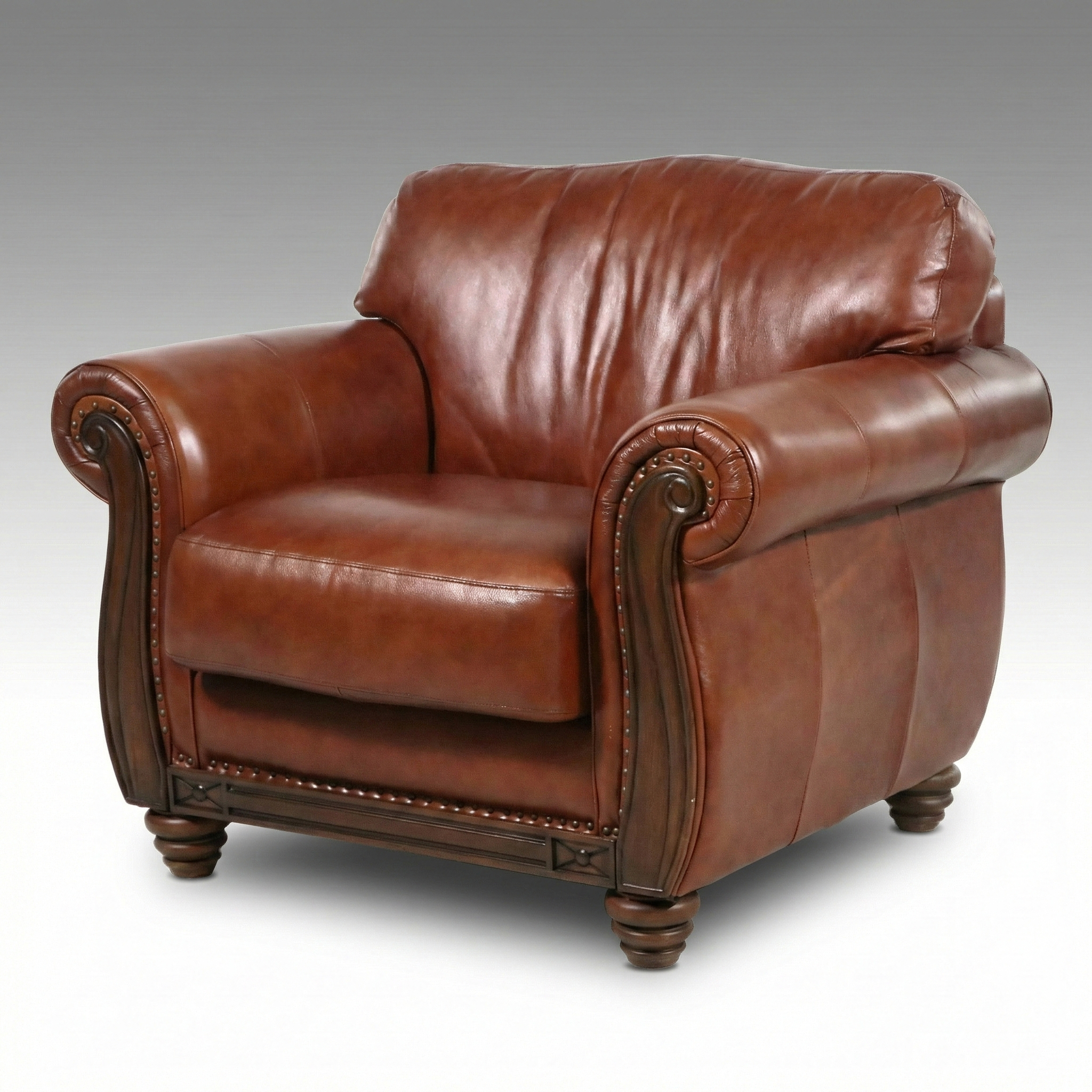 Contemporary Mediterranean Style Leather Club Chair with Ornate Wood Trim