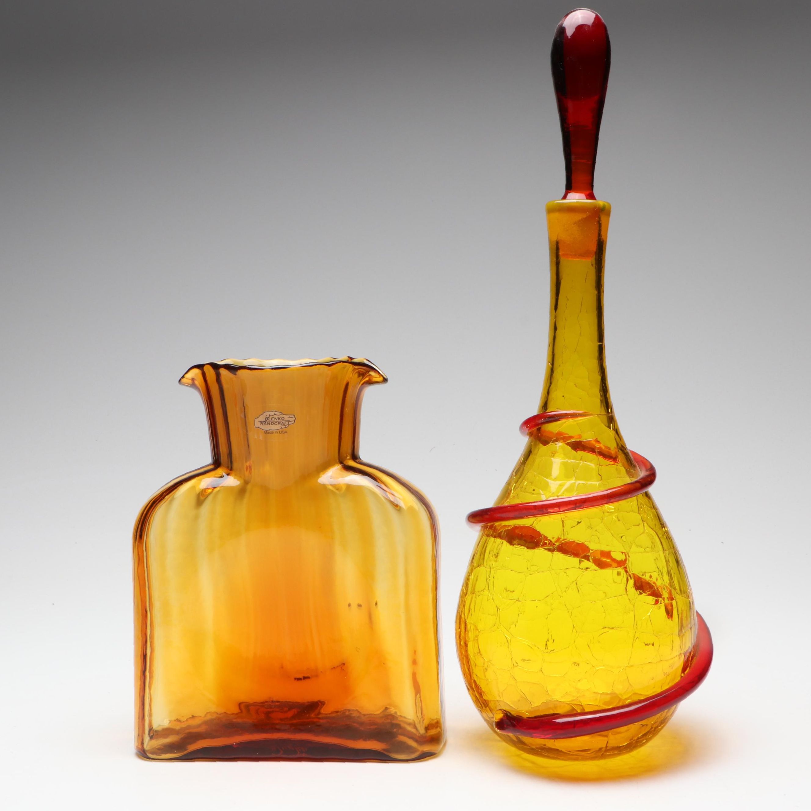 Blenko Amberina Glass Water Bottle and Crackle Glass Decanter