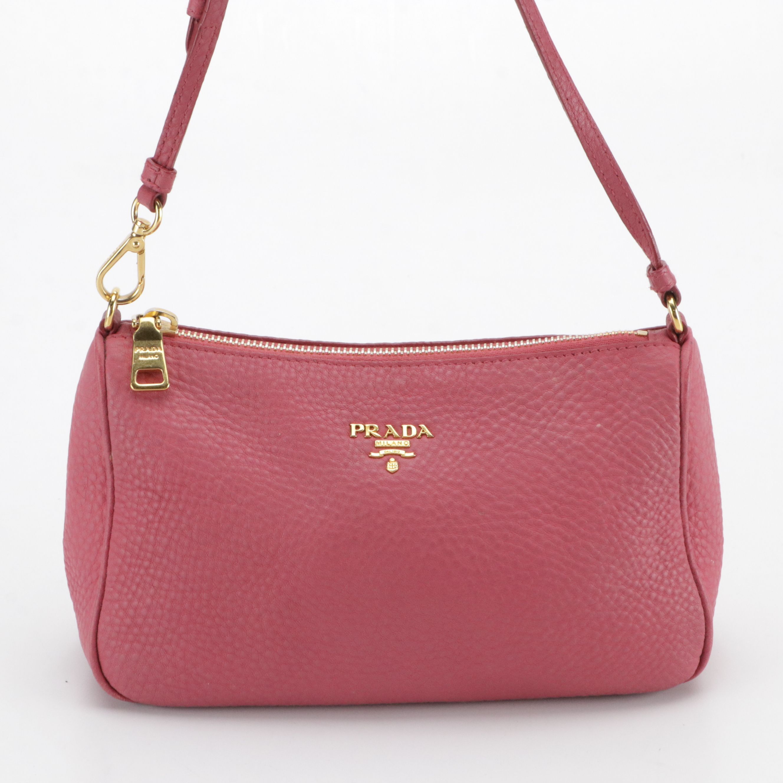 Prada Mini Zippered Shoulder Bag in Pink Vitello Daino Leather