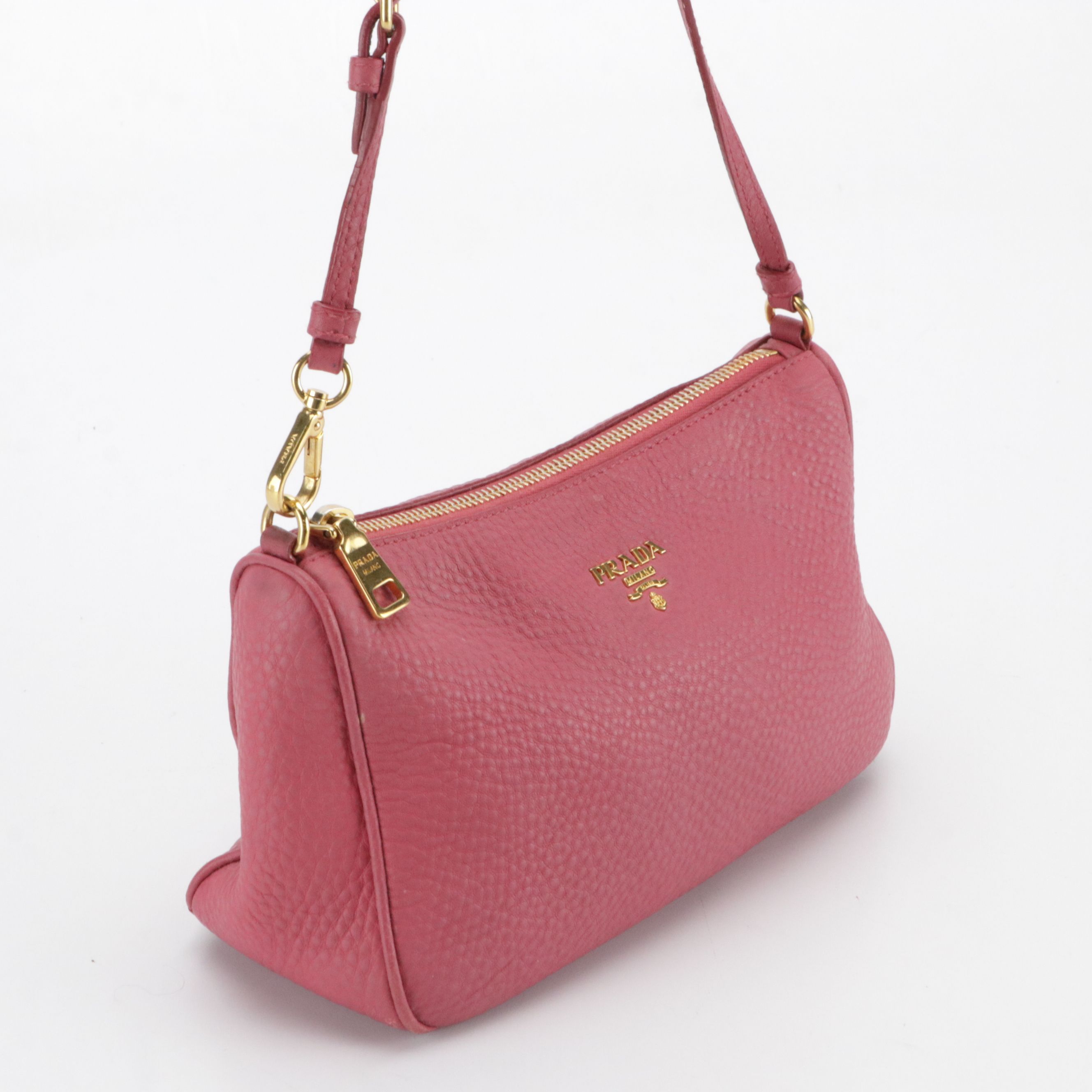 Prada Mini Zippered Shoulder Bag in Pink Vitello Daino Leather