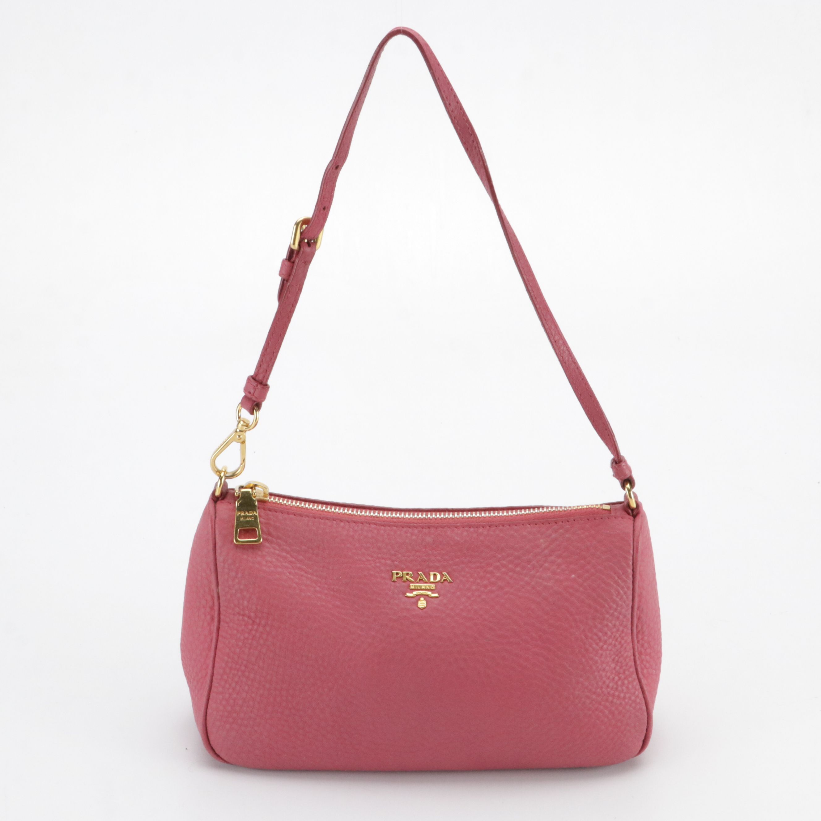 Prada Mini Zippered Shoulder Bag in Pink Vitello Daino Leather