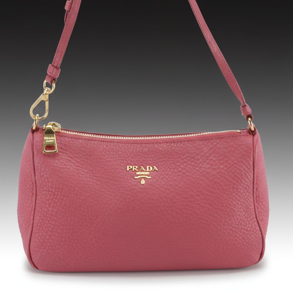 Prada Mini Zippered Shoulder Bag in Pink Vitello Daino Leather