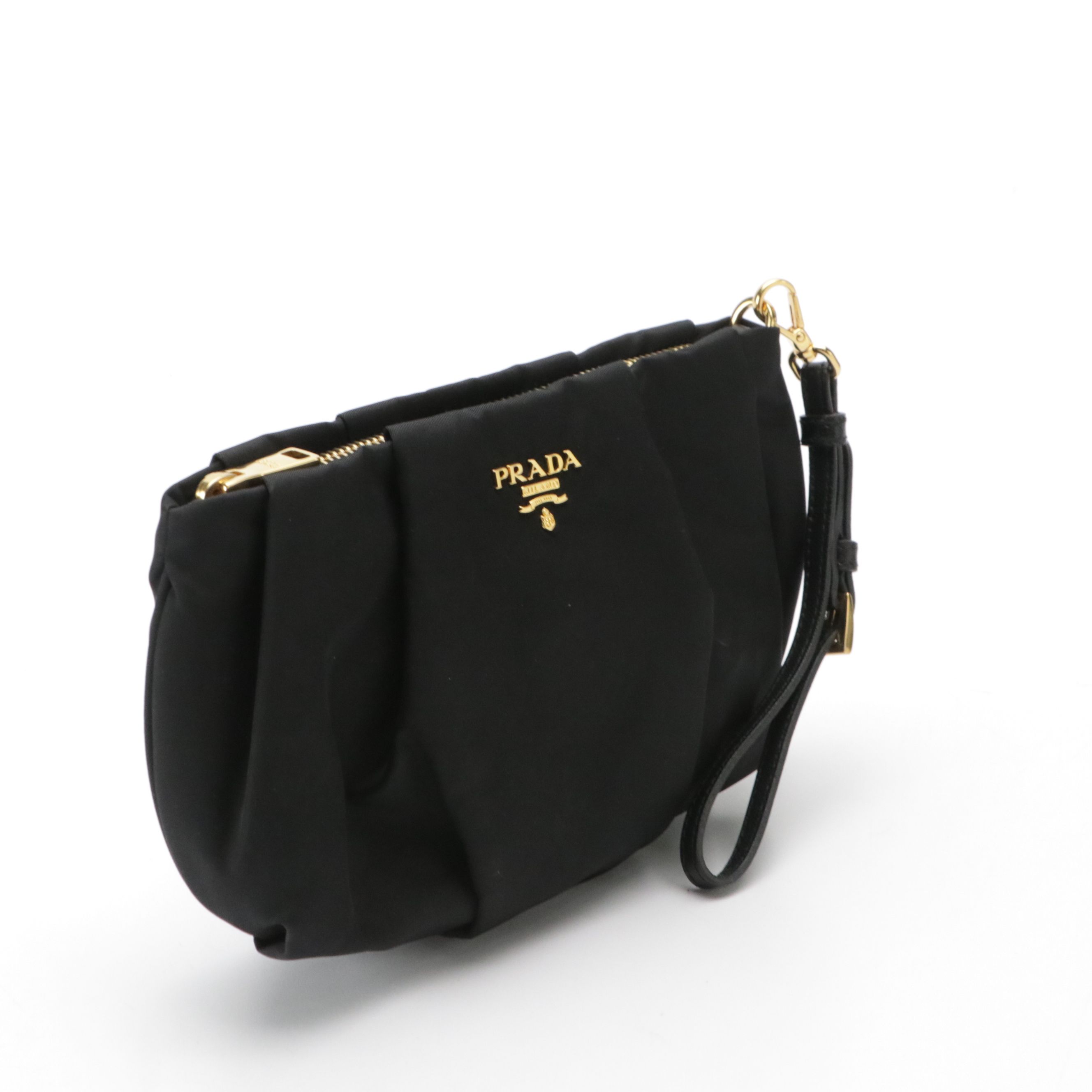 Prada Pleated Wristlet Clutch in Black Tessuto Nylon and Leather