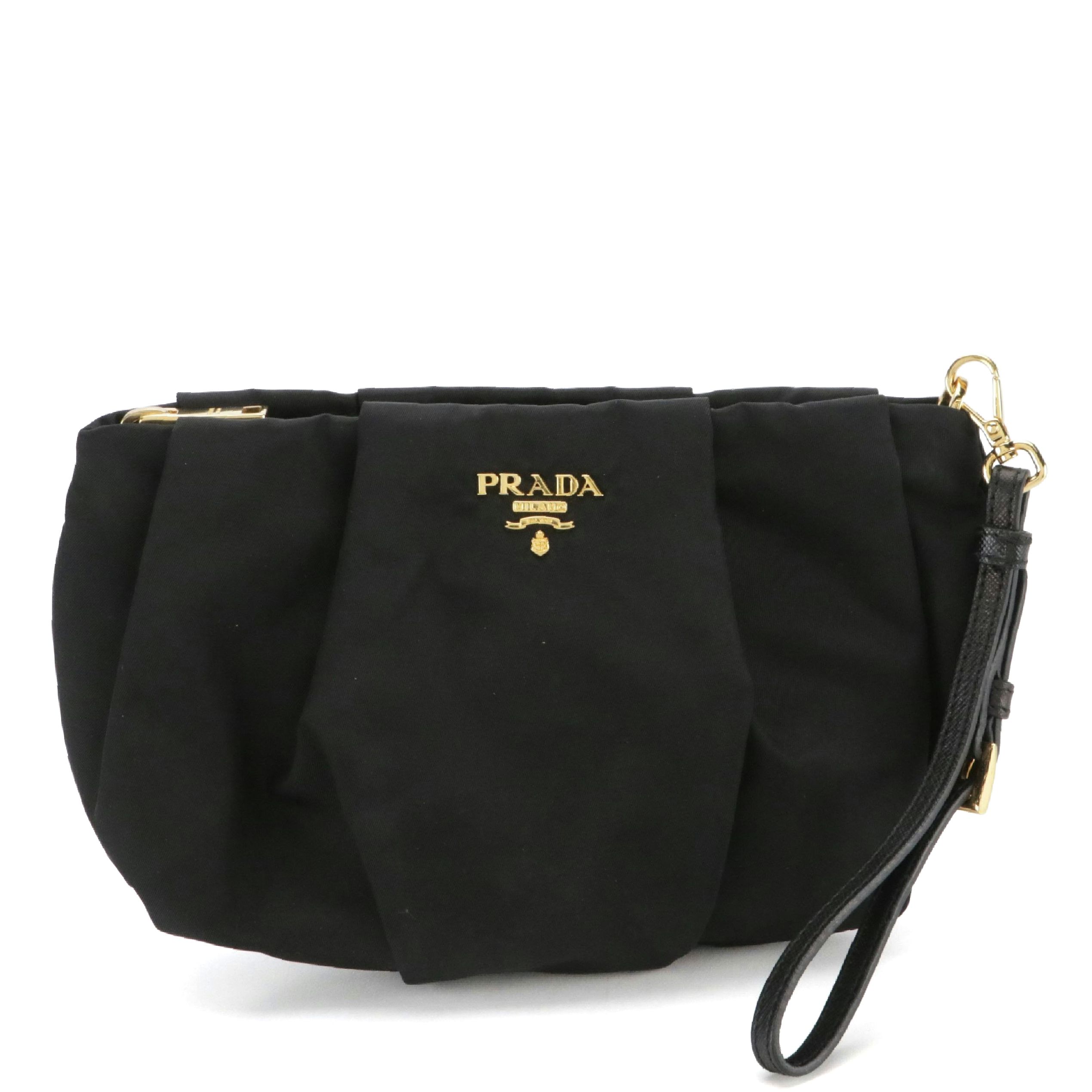 Prada Pleated Wristlet Clutch in Black Tessuto Nylon and Leather
