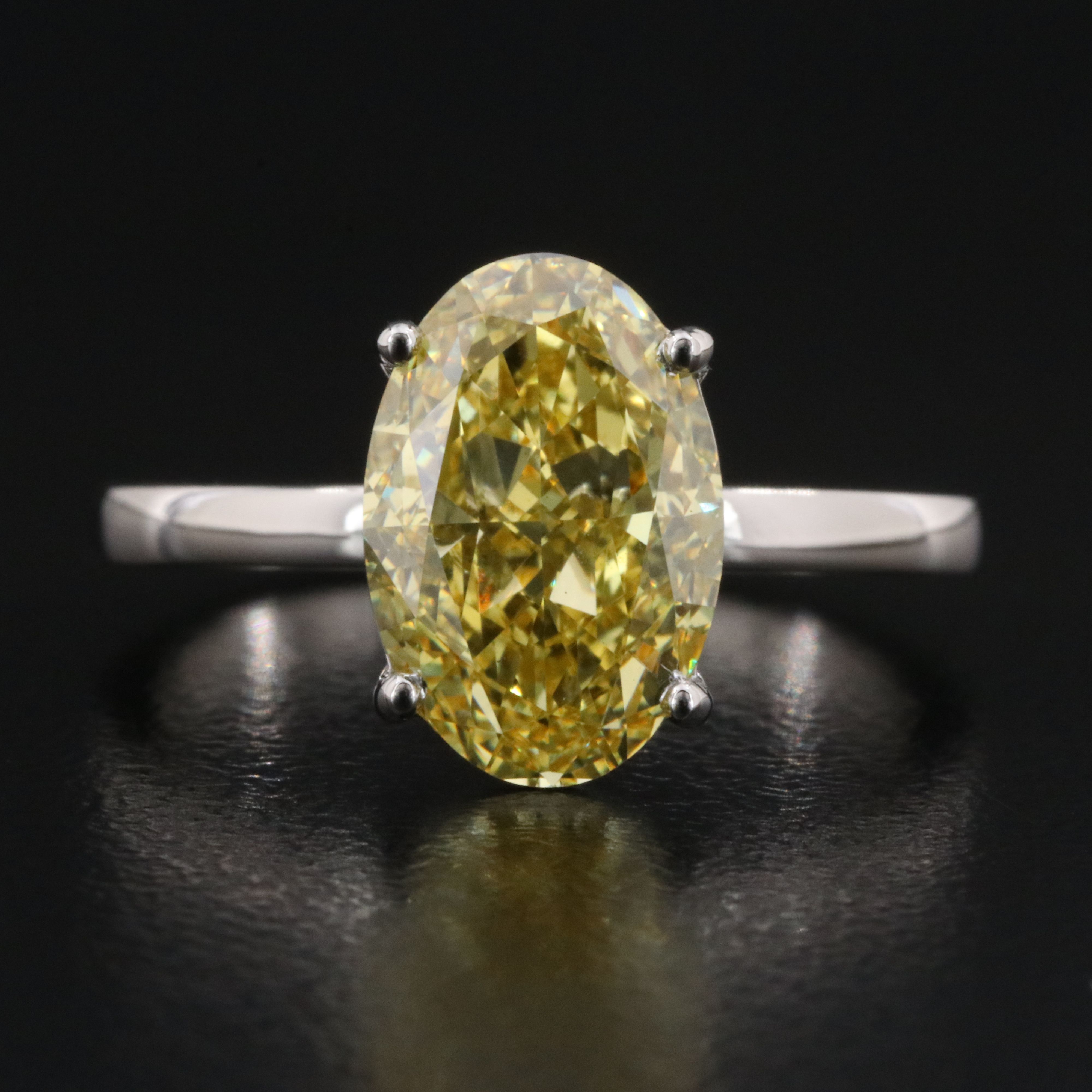 Platinum 3.07 CT Lab Grown Fancy Vivid Yellow Diamond Ring with IGI Report