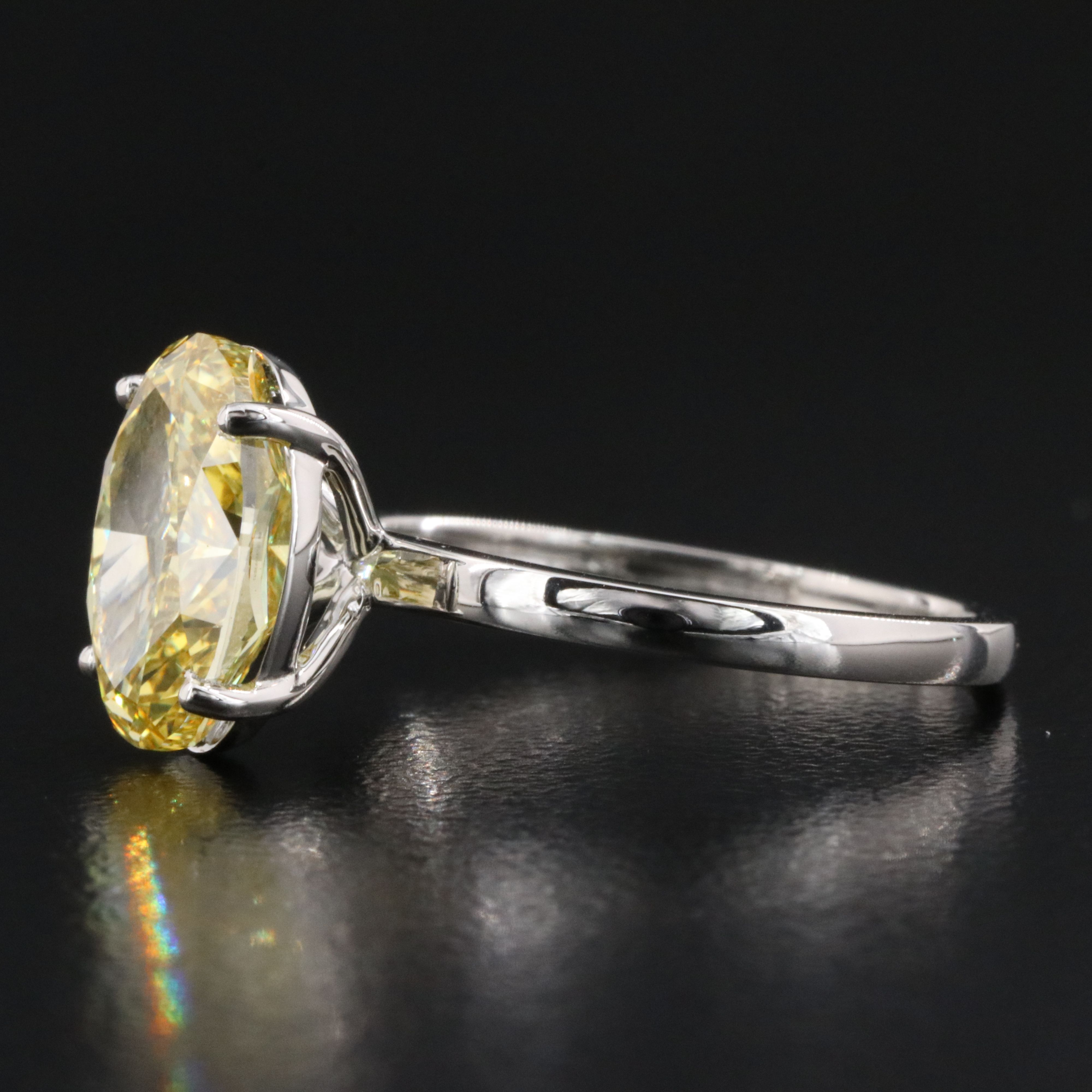 Platinum 3.07 CT Lab Grown Fancy Vivid Yellow Diamond Ring with IGI Report