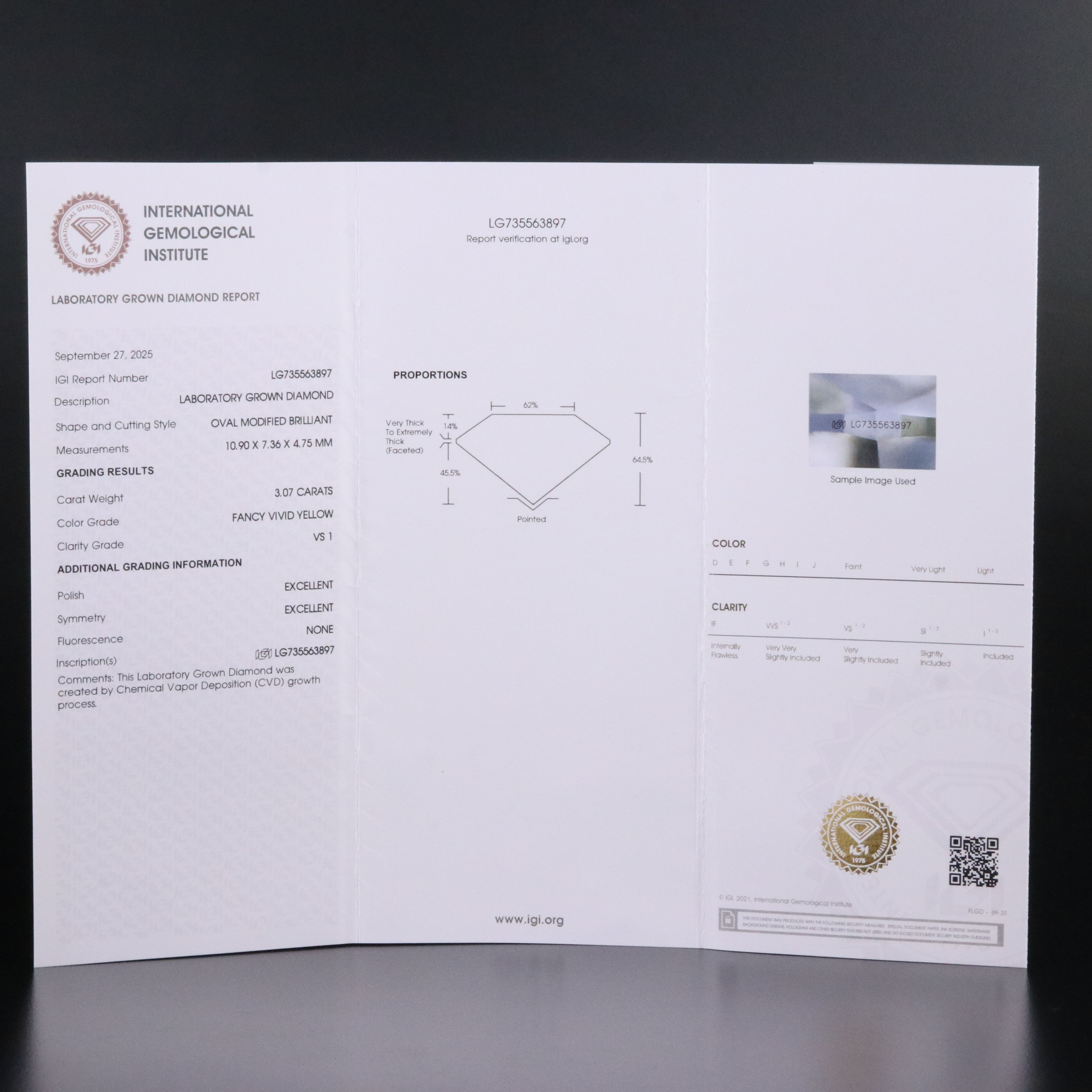 Platinum 3.07 CT Lab Grown Fancy Vivid Yellow Diamond Ring with IGI Report