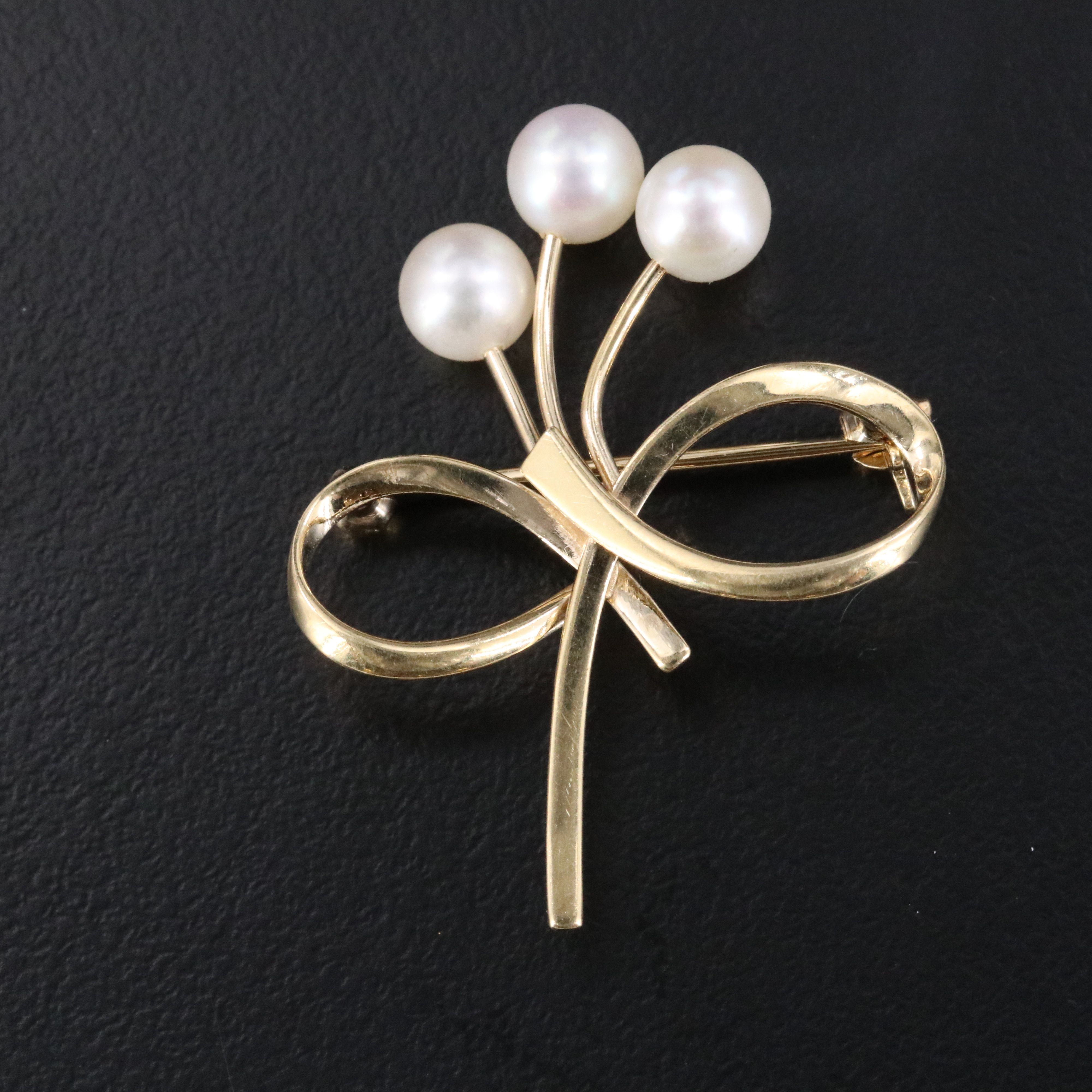 Mikimoto 14K Pearl Bow Brooch