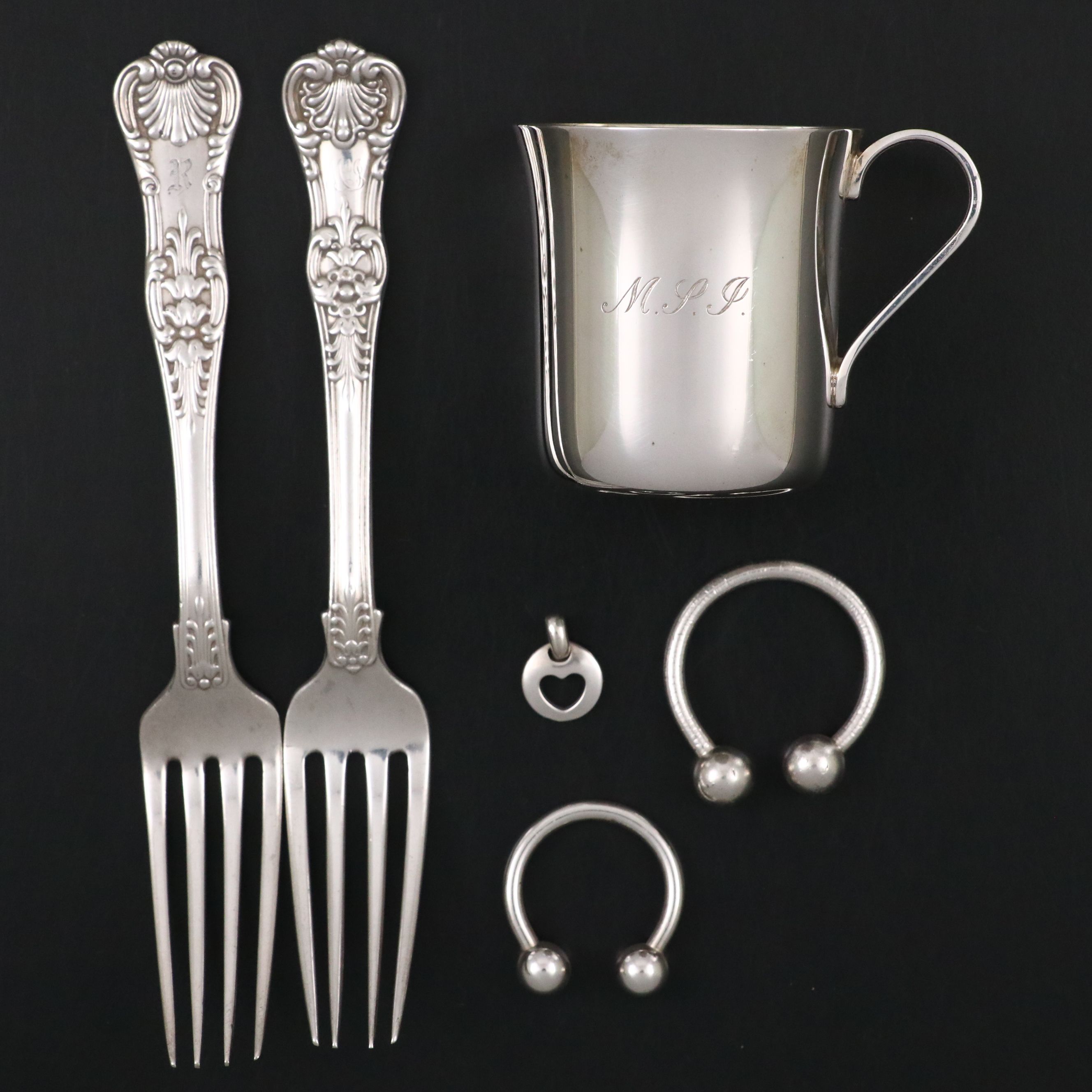 Tiffany & Co. Sterling Baby Cup with Forks, Key Rings and Pendant