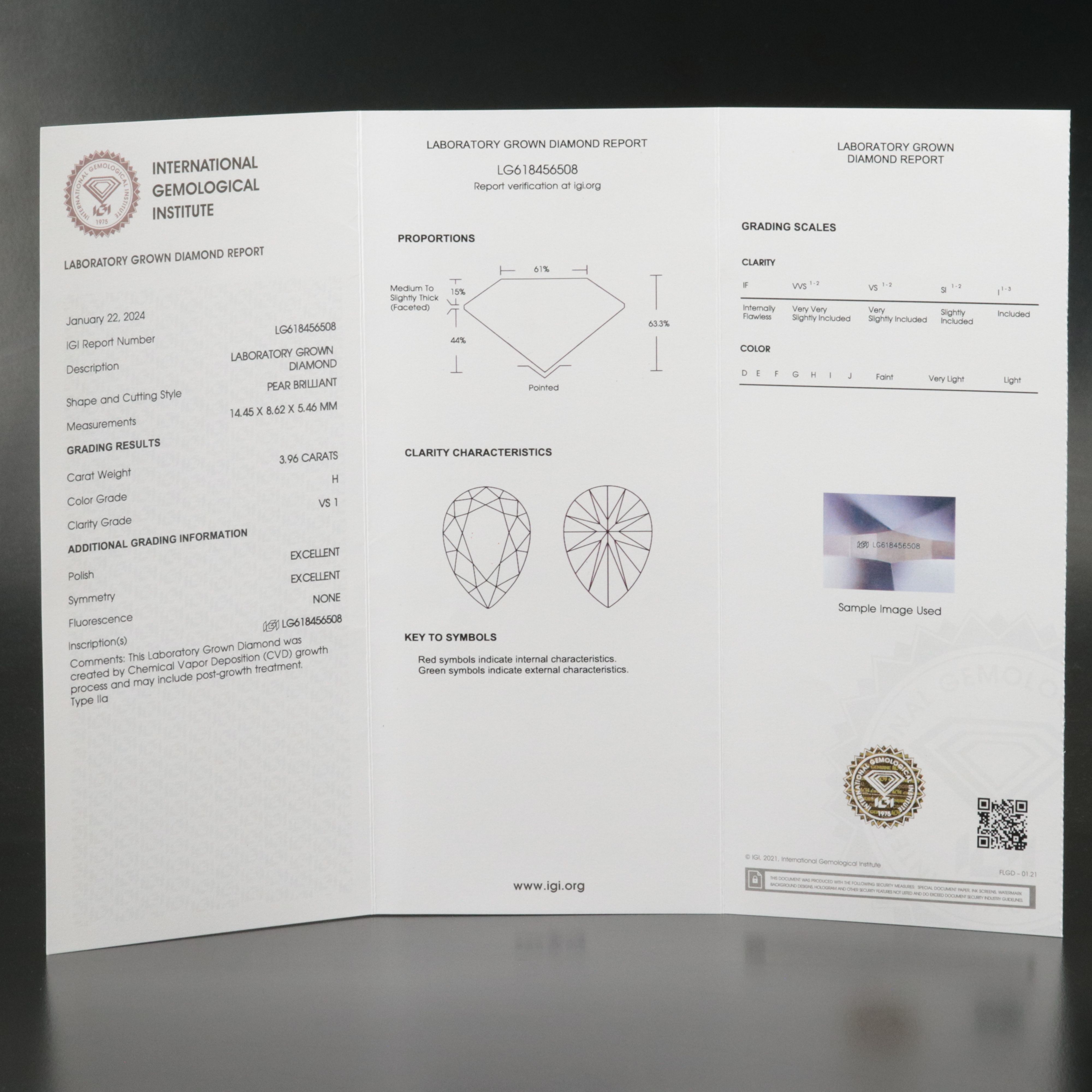 Loose 3.96 CT Lab Grown Diamond with IGI Report
