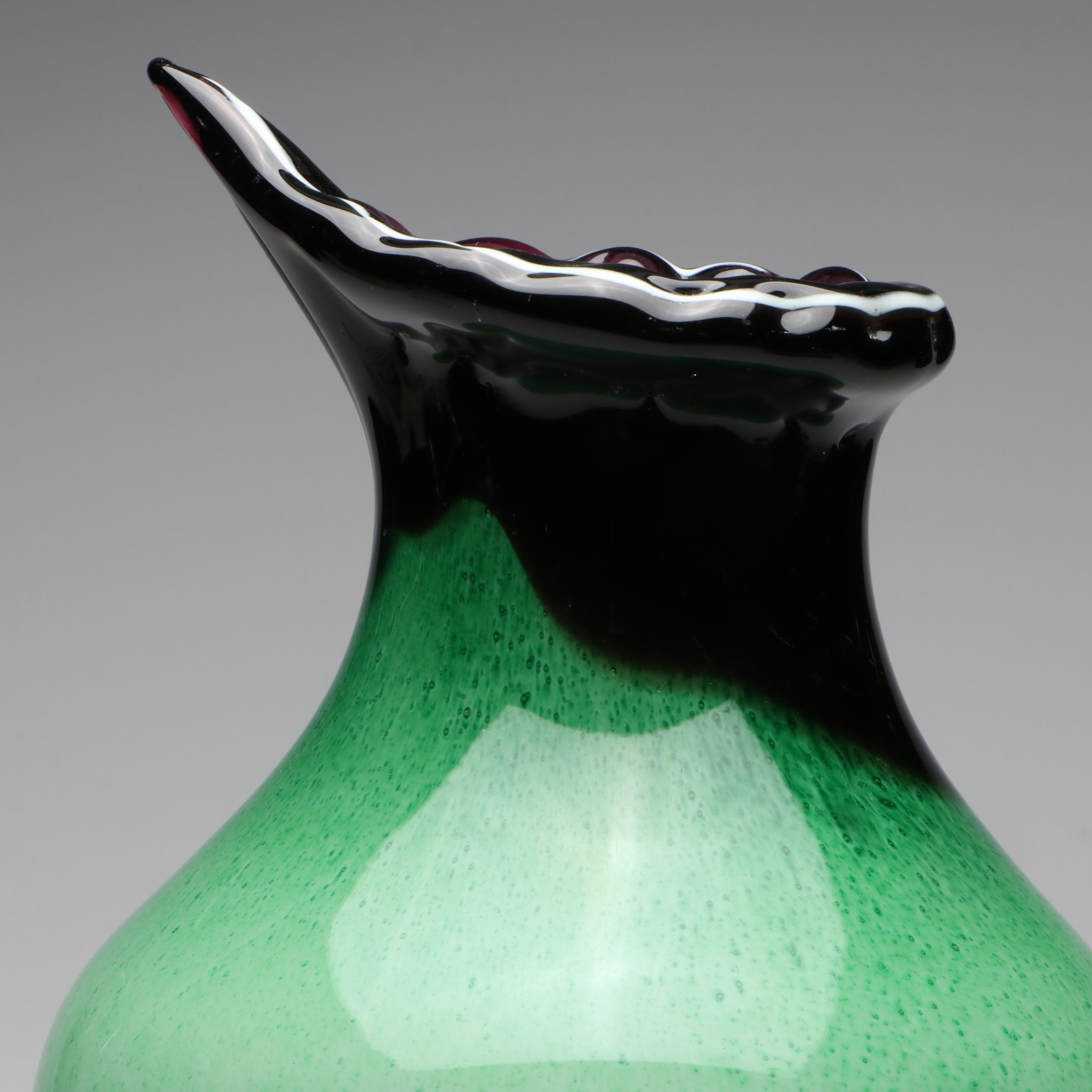 Handblown Multicolor Art Glass Vase with Pulled Rim